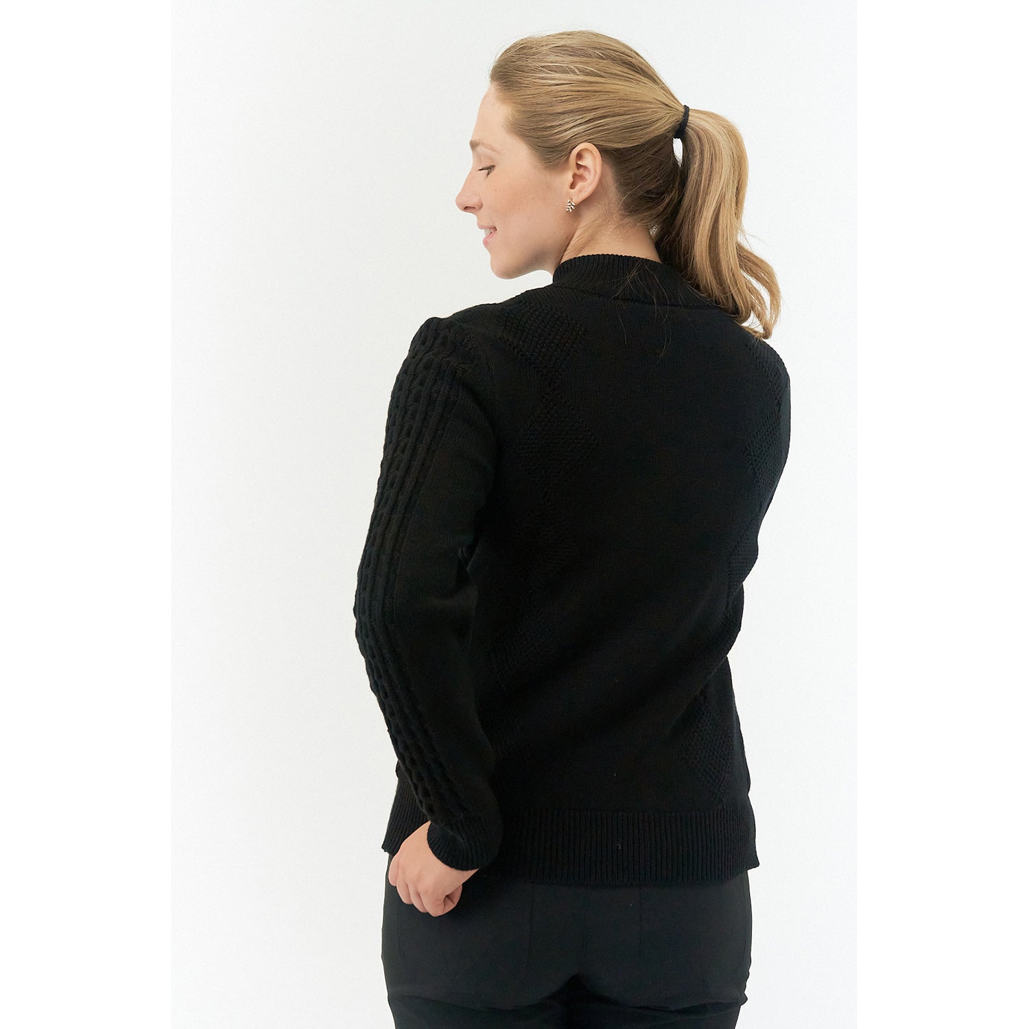 Pure Ladies Lined Zip-Neck Golf Sweater with Cable Knit Design in Black