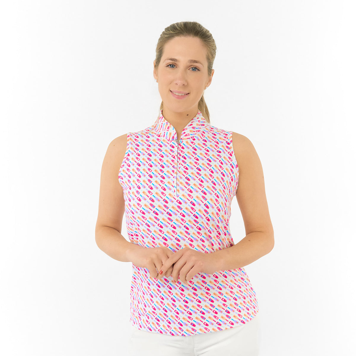  Pure Golf Ladies Sleeveless Polo in Fun Bottle Print