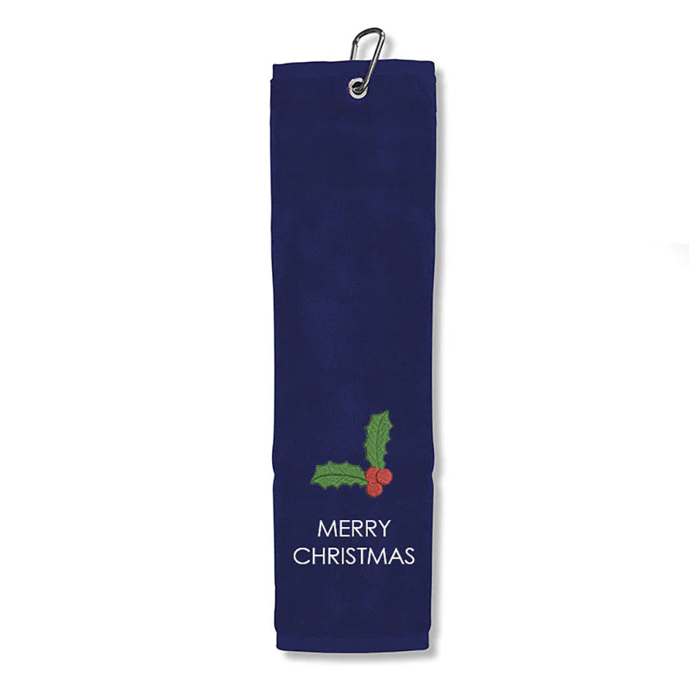 Merry Christmas Tri-Fold Golf Towel in Navy