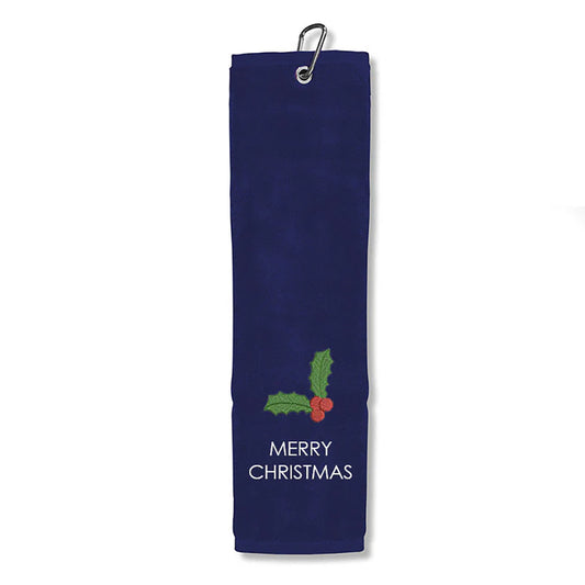 Merry Christmas Tri-Fold Golf Towel in Navy