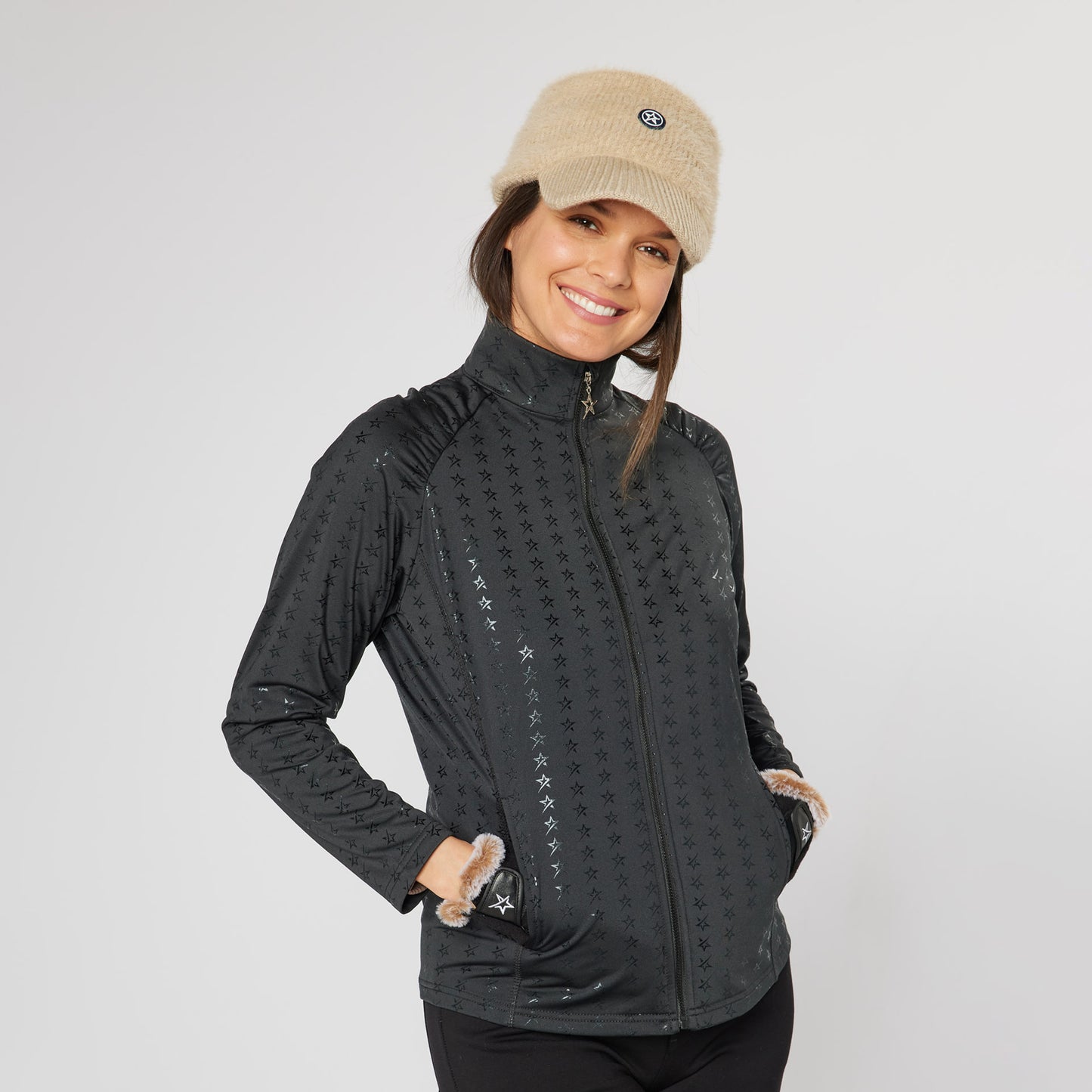 Swing Out Sister Ladies Brushed-Backed Full-Zip Mid Layer with Star Print in Black