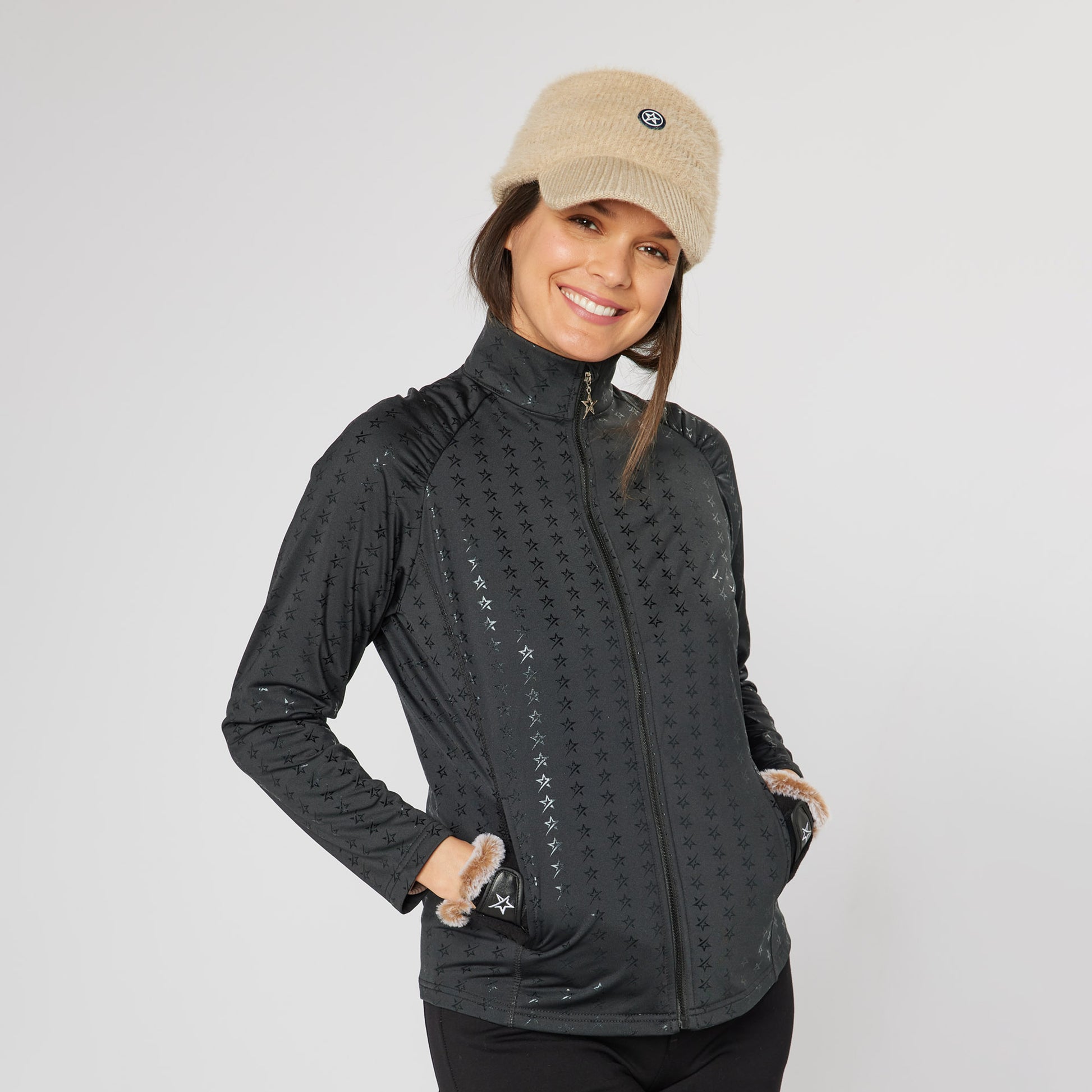 Swing Out Sister Ladies Brushed-Backed Full-Zip Mid Layer with Star Print in Black