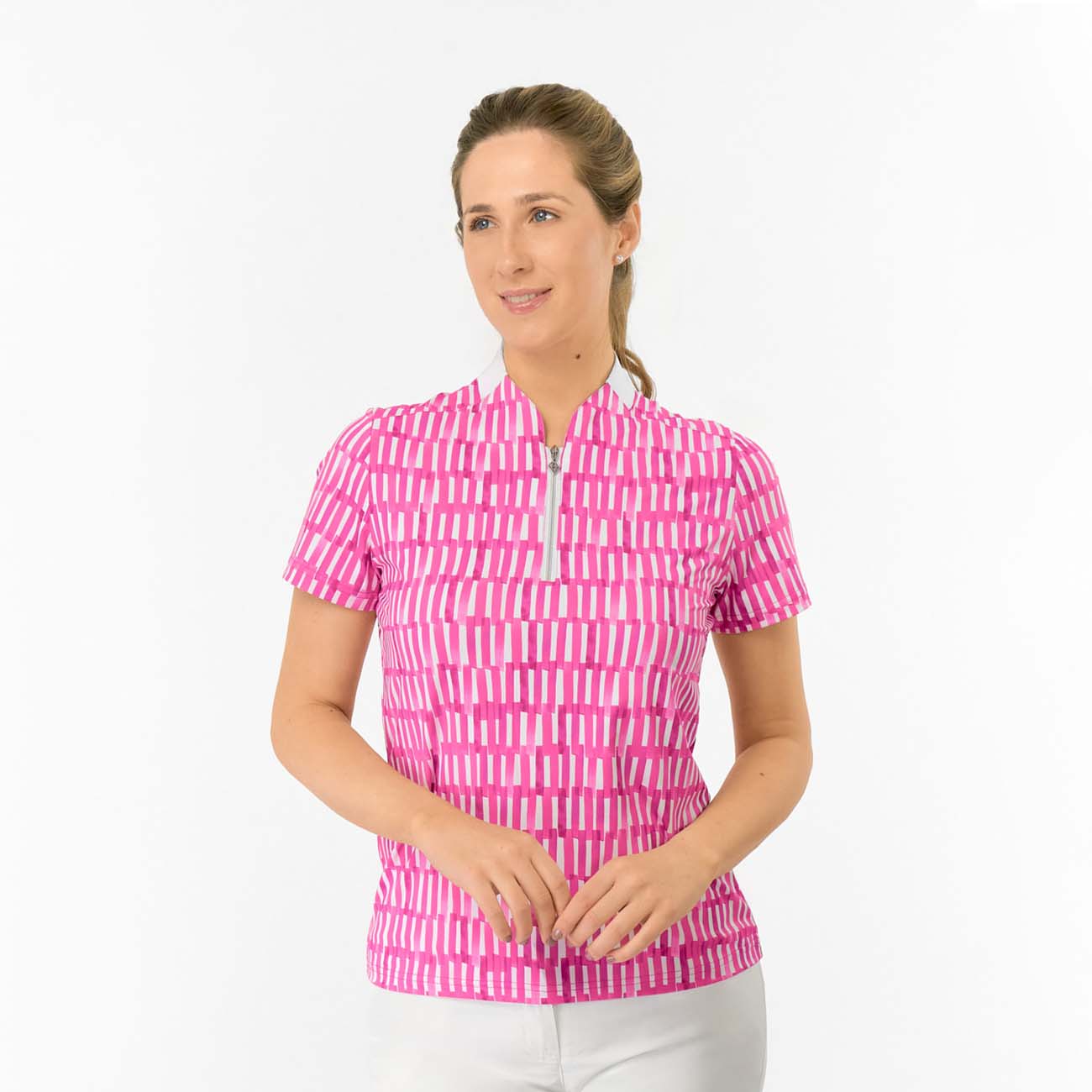 Pure Golf Ladies Short Sleeve Polo with Geometric Lattice Print for Modern Feminine Style