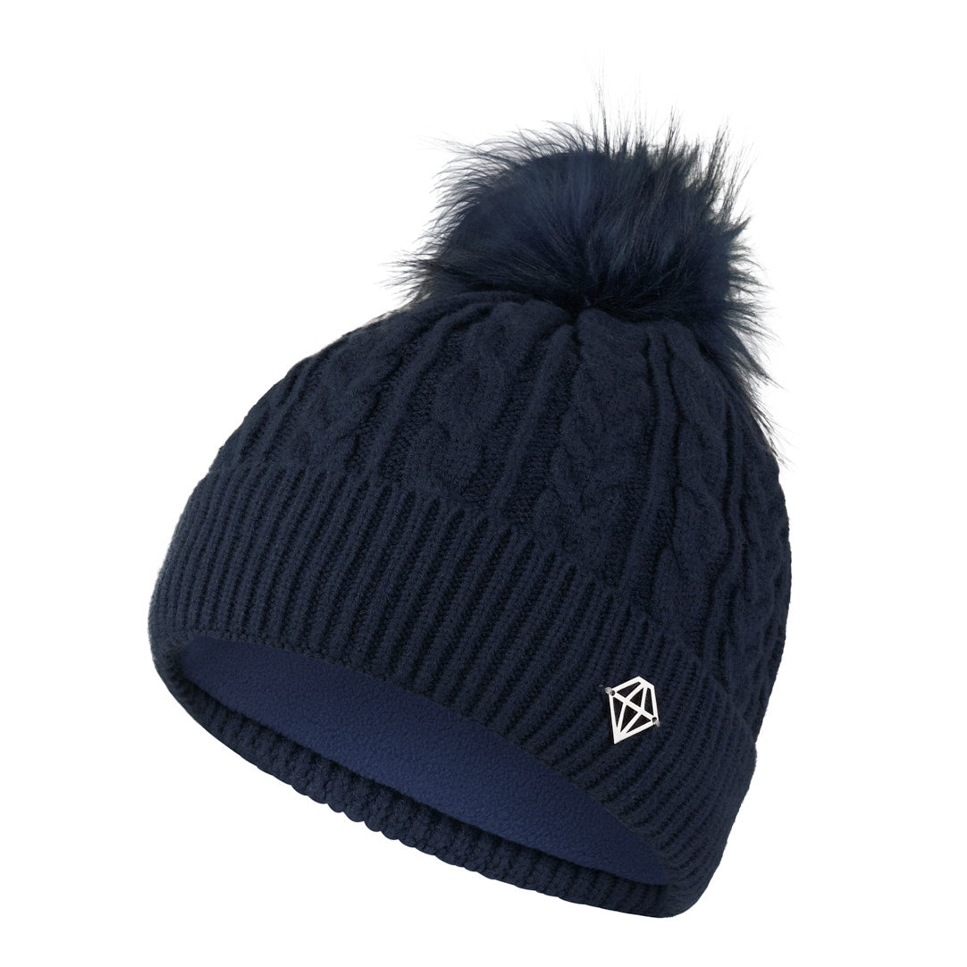 Pure Golf Ladies Lined Navy Waterproof Bobble Hat with Cable Knit Design