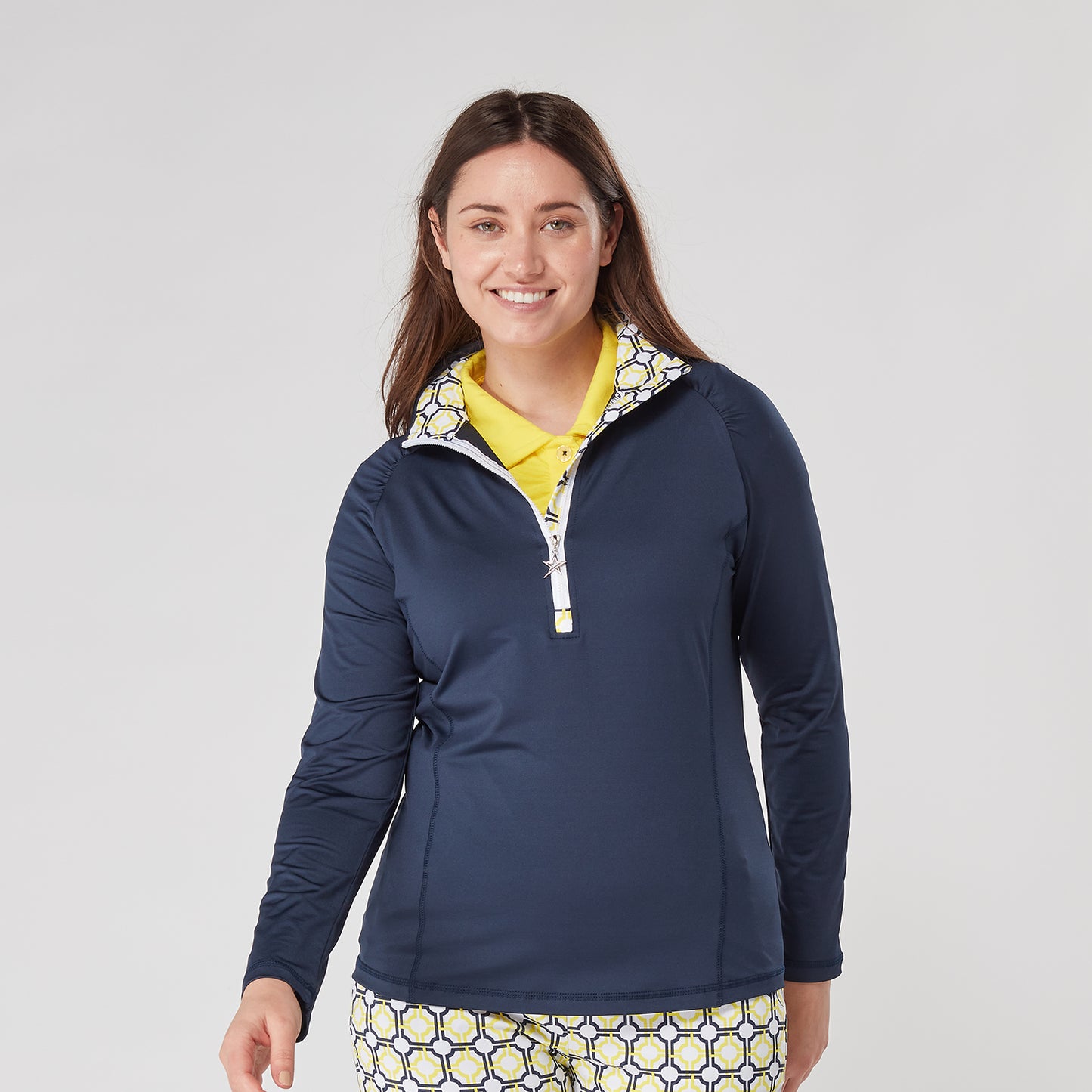 Swing Out Sister Women's Zip-Neck Top in Navy and Sunshine