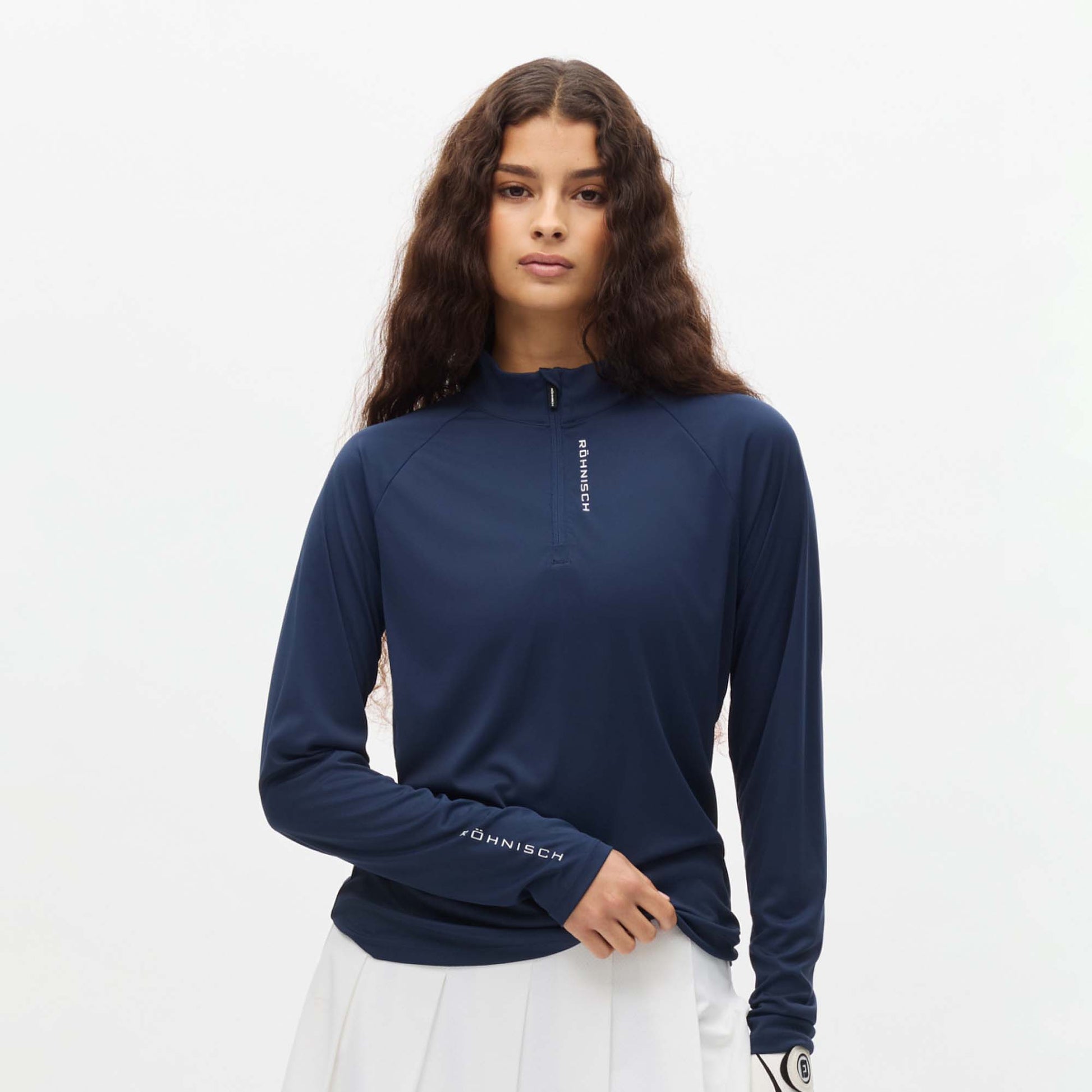 Röhnisch Ladies Elegant Navy Zip Neck Stretch Top for Effortless Movement with Every Swing