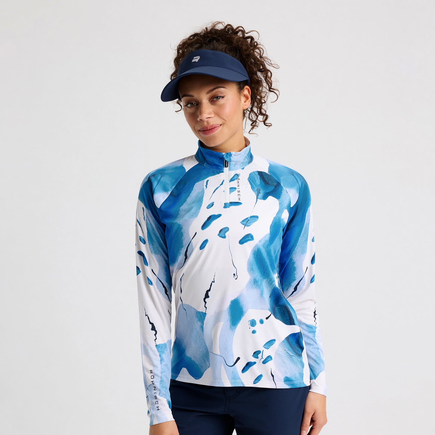 Rohnisch Ladies LIghtweight Zip-neck Top with Abstract Watercolour Print