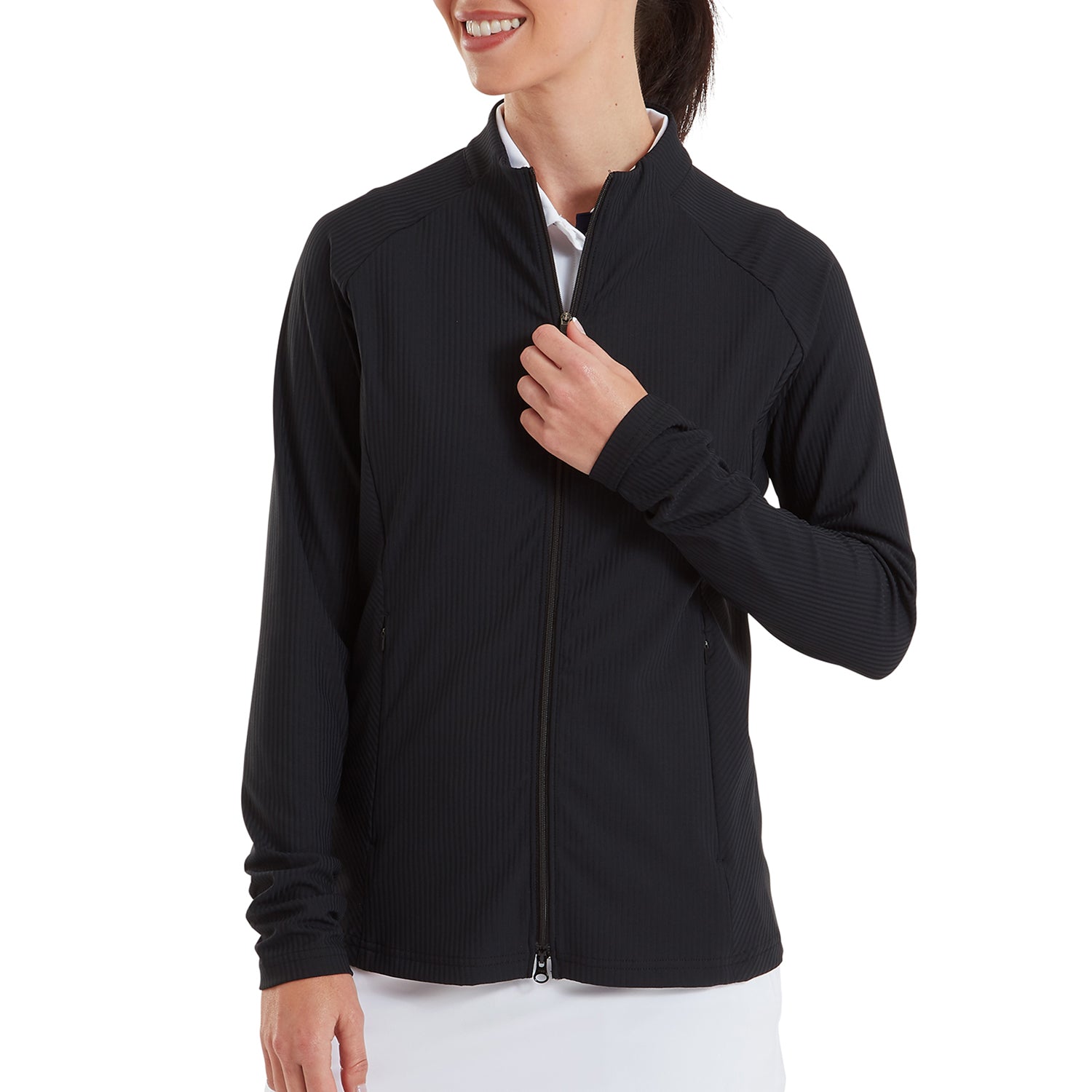 FootJoy Ladies Full Zip Mid-Layer in Black with Ribbed Details for a Striking Silhouette