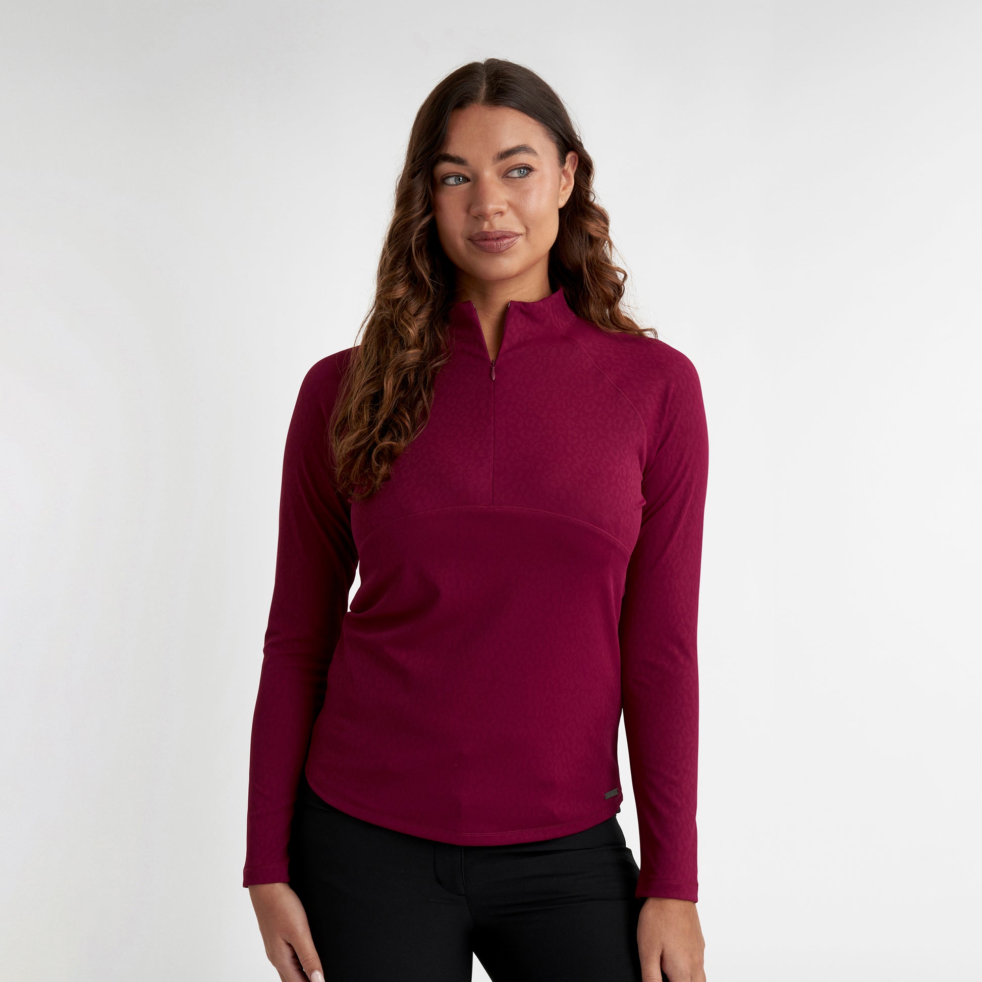 Green Lamb Ladies Lightweight 1/4 Zip Top with Jacquard Leopard Print