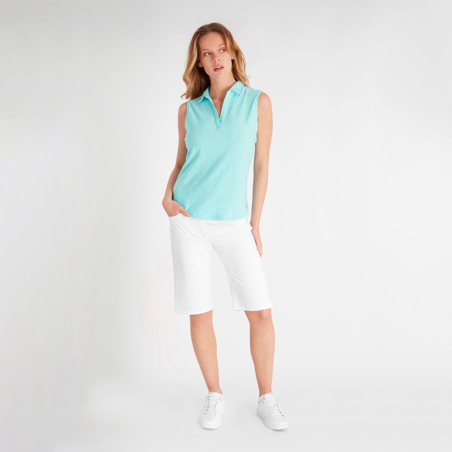 Green Lamb Ladies Sleeveless Polo with Broderie Anglaise Pattern in Aqua
