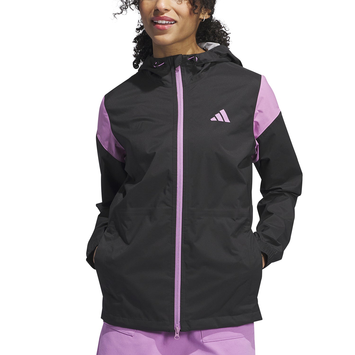 adidas Golf Ladies Hooded Waterproof Jacket in Black with Mauve Detail GolfGarb