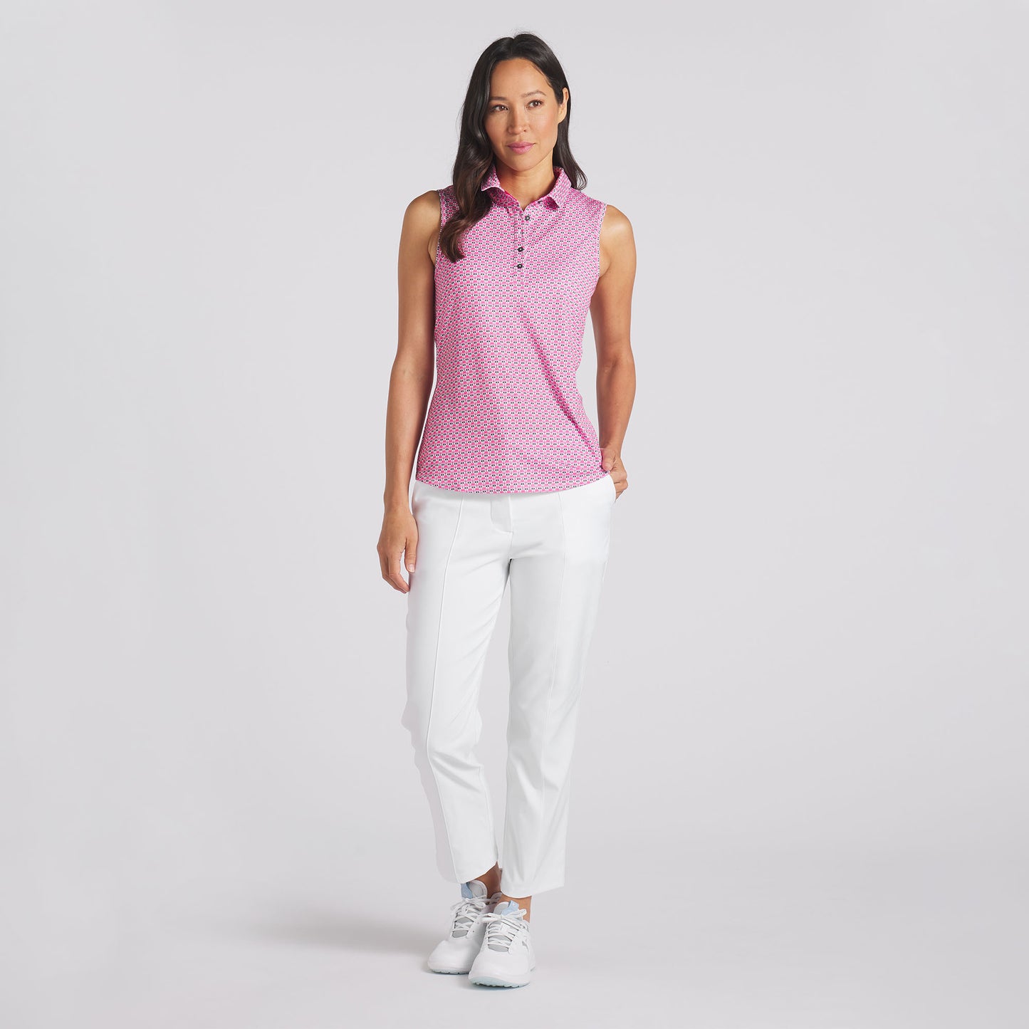 Puma Women's Sleeveless Polo with MATTR in White Glow-Garnet Rose Palm Print