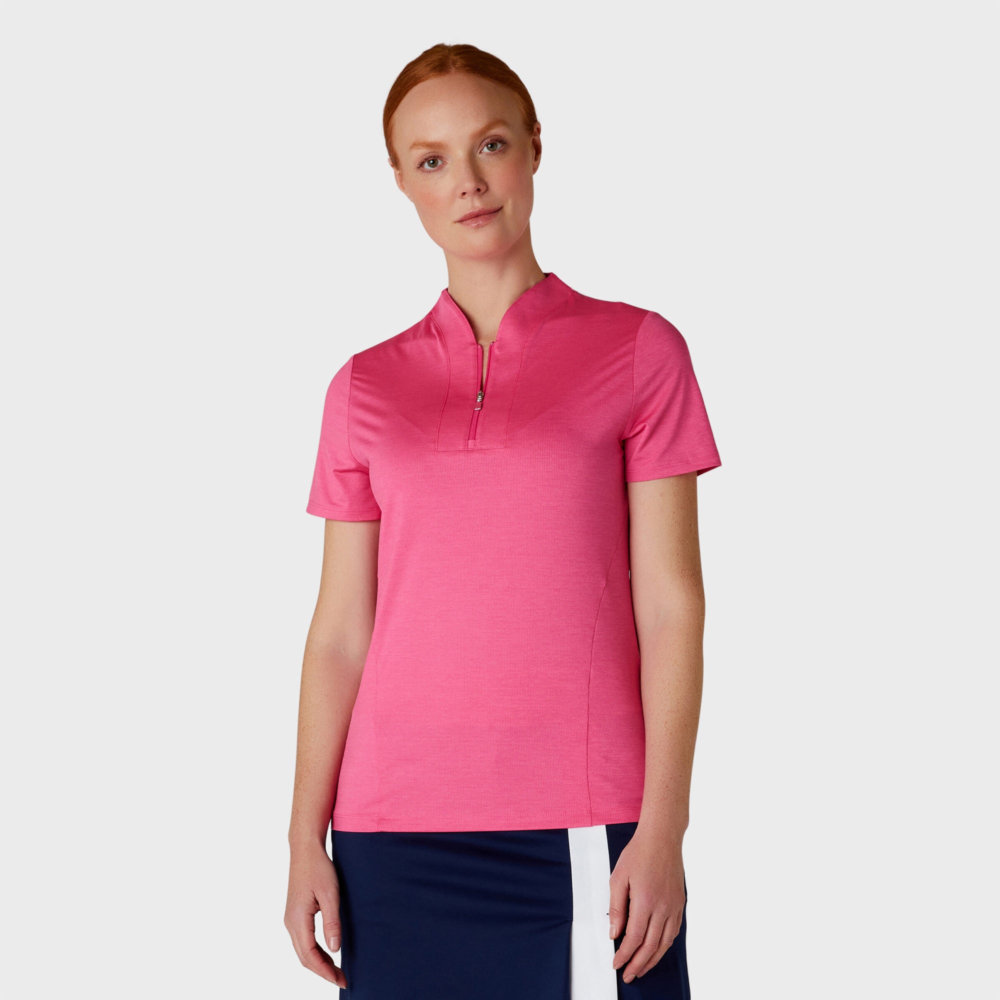 Callaway Ladies Tonal Textured Golf Polo in Pink Peacock with Zip Neck GolfGarb