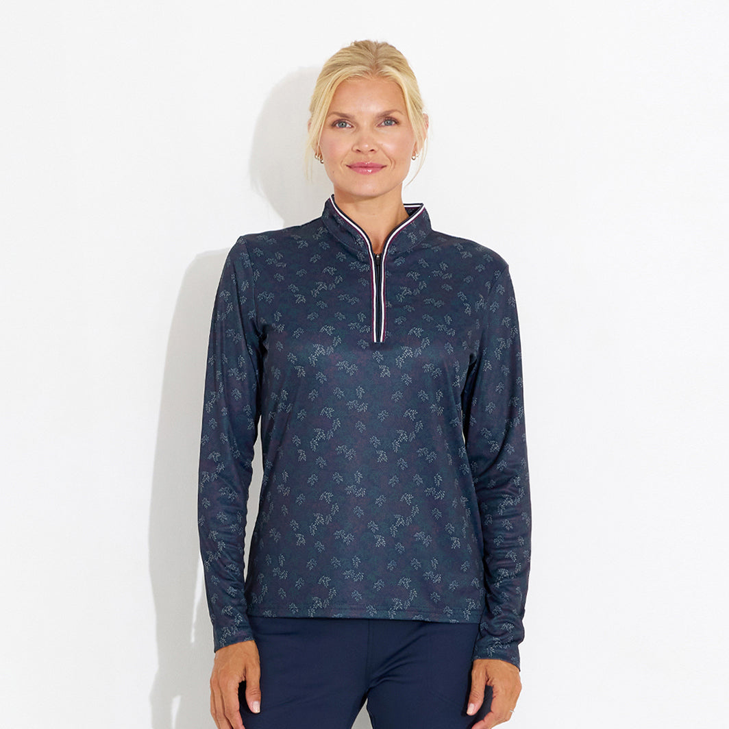 Abacus Ladies Zip-Neck Top with Delicate Leaf Print for Effortless Style & Comfort with Every Swing