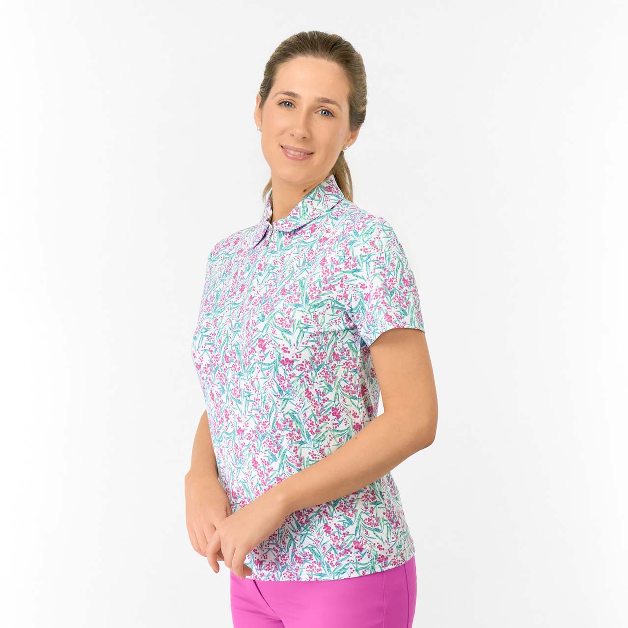 Pure Golf Ladies Short Sleeve Polo in Botanical Print for Vibrant, Feminine Style