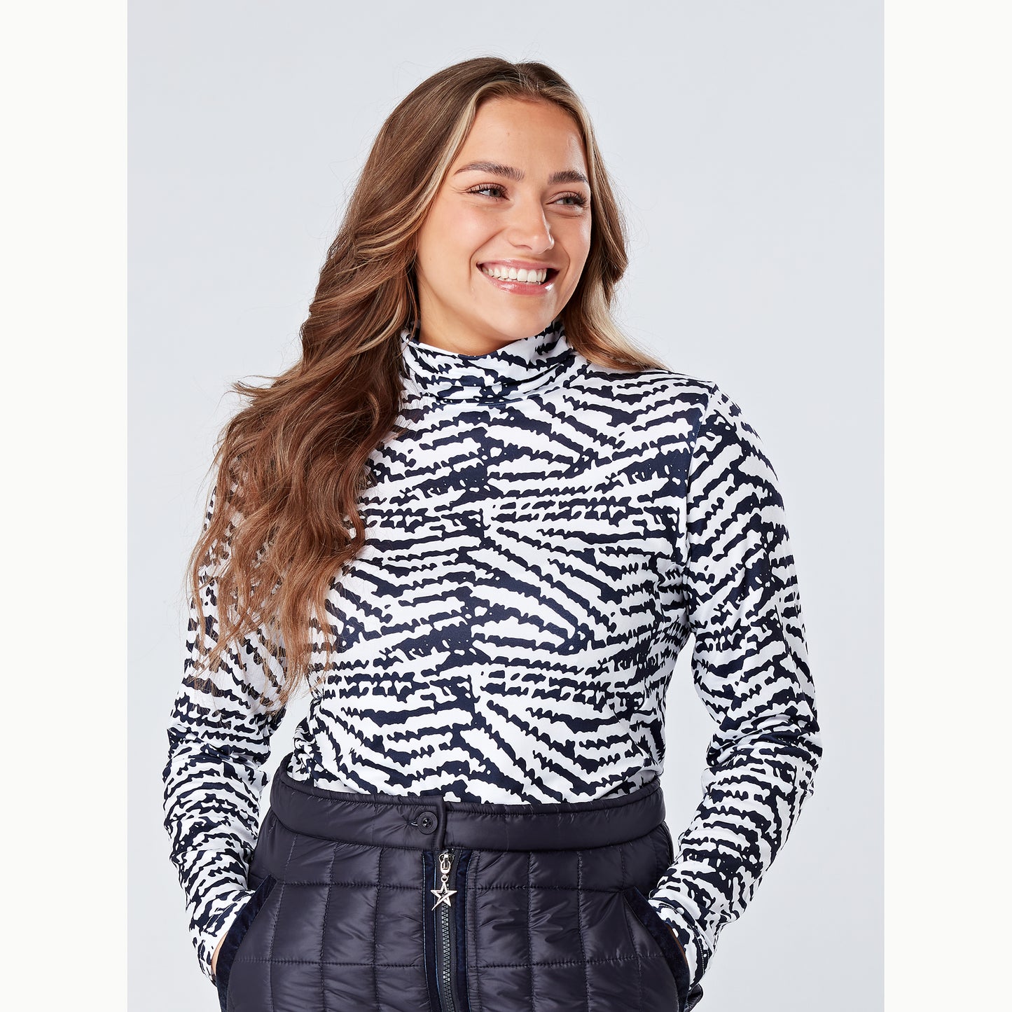 Swing Out Sister Ladies Soft-Stretch Zebra Print Golf Roll Neck Top