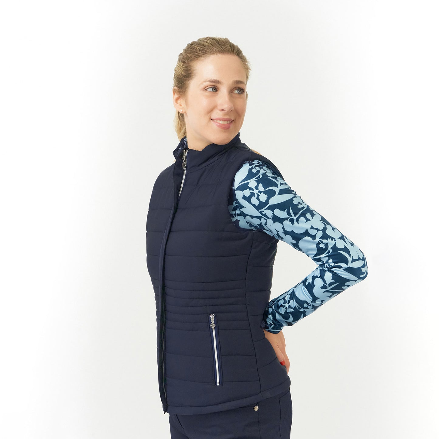 Pure Golf Ladies Reversible Gilet in Navy & Midnight Rose