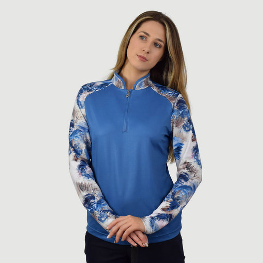 Pure Golf Ladies Hazel Long Sleeve Polo in Petrol Blue and Stone Canvas Print