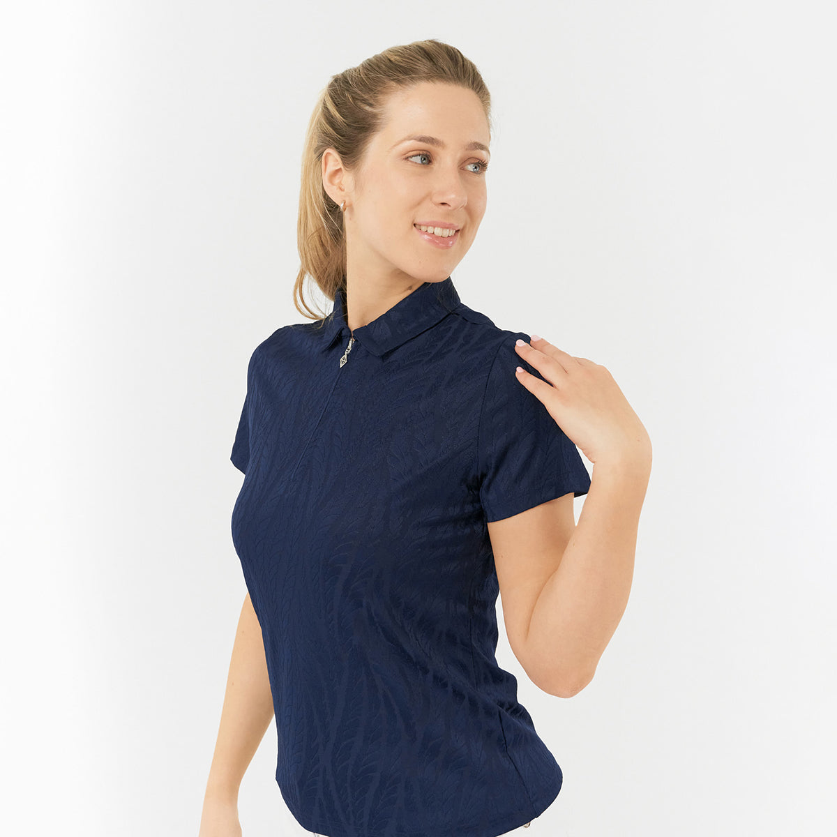 Pure Golf Ladies Jacquard Fern Print Polo in Navy