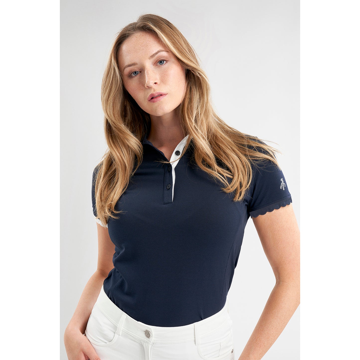 Green Lamb Ladies Short Sleeve Polo with Scalloped Trim in Navy