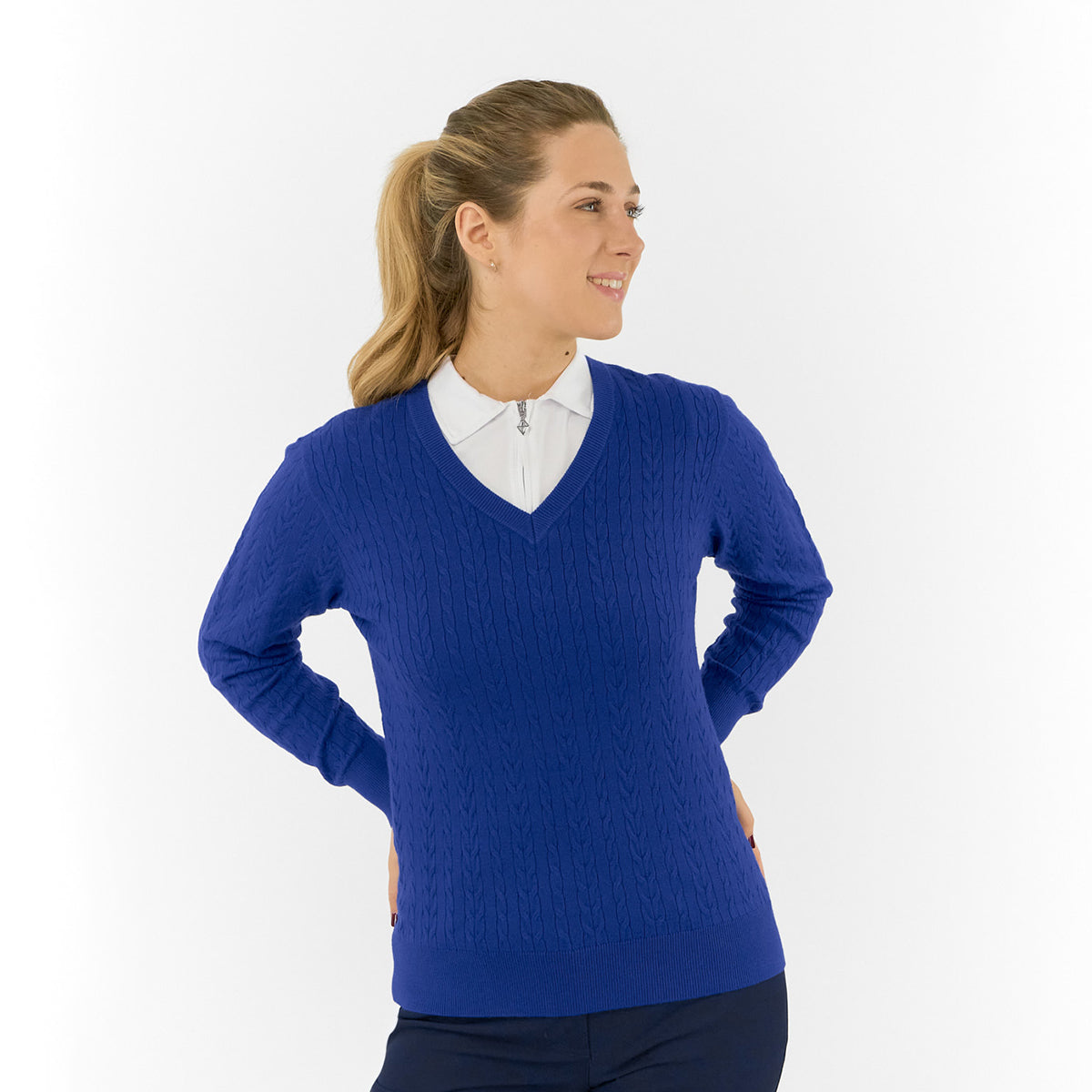 Pure Ladies Cable Knit V-Neck Golf Sweater