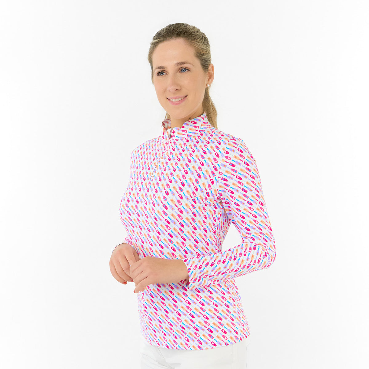 Pure Ladies Long Sleeve Top in Fun Bottle Print