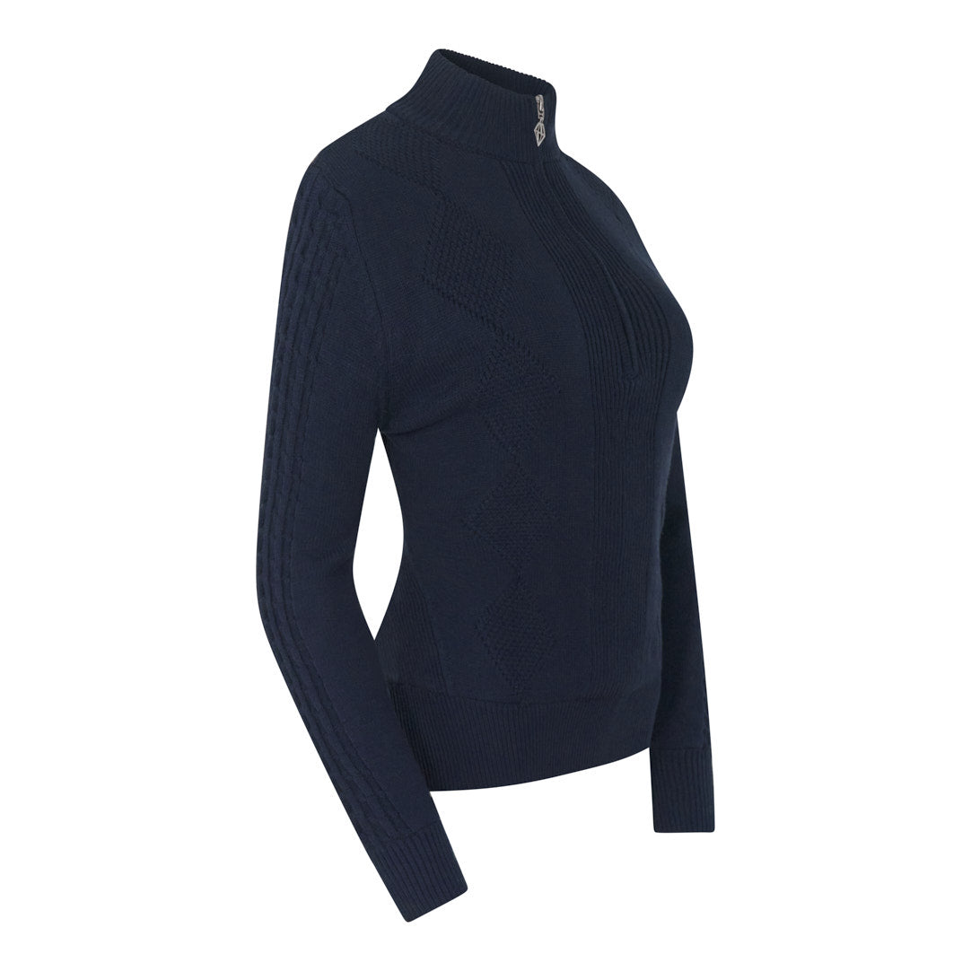 Pure Ladies Lined Zip-Neck Golf Sweater with Cable Knit Design in Navy