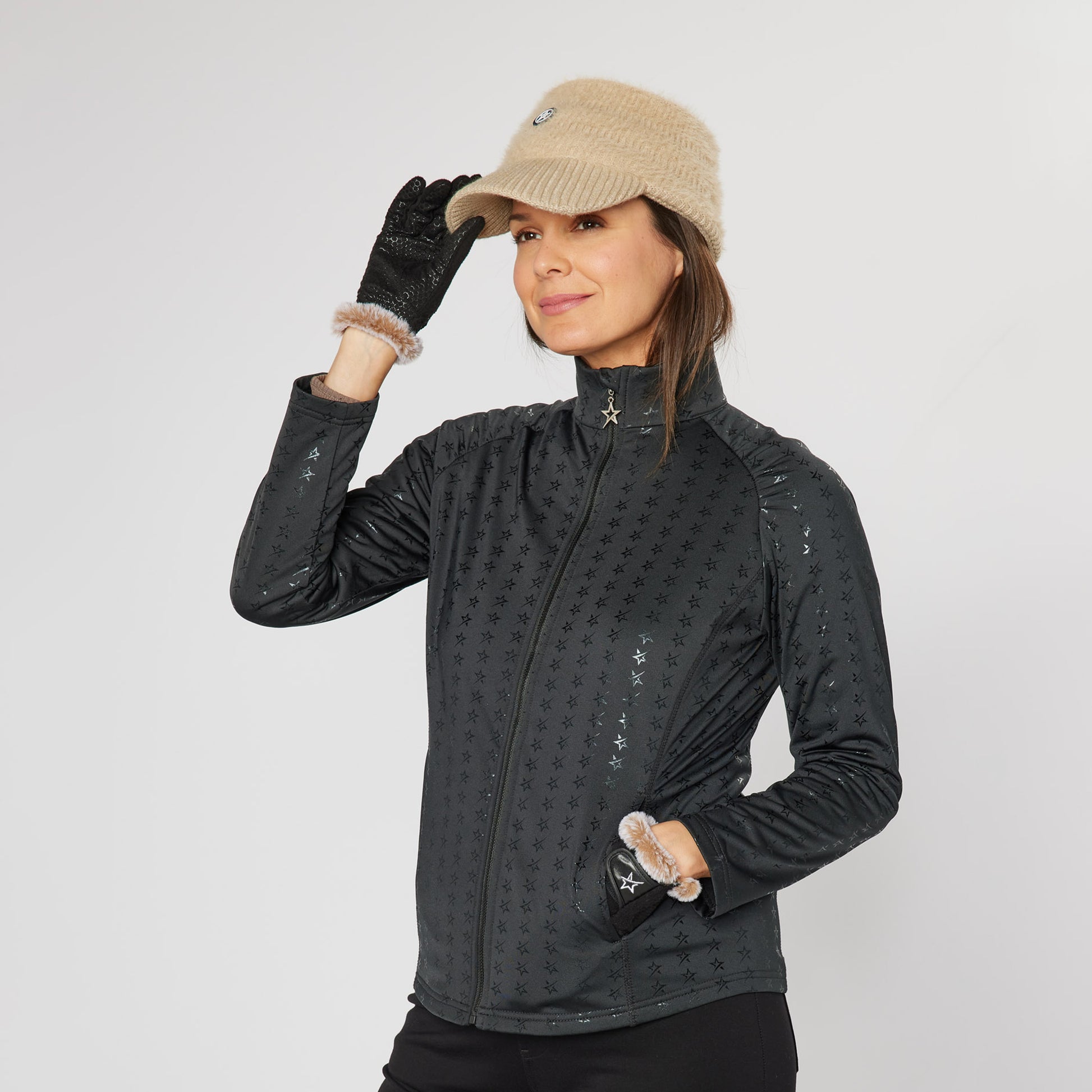 Swing Out Sister Ladies Brushed-Backed Full-Zip Mid Layer with Star Print in Black