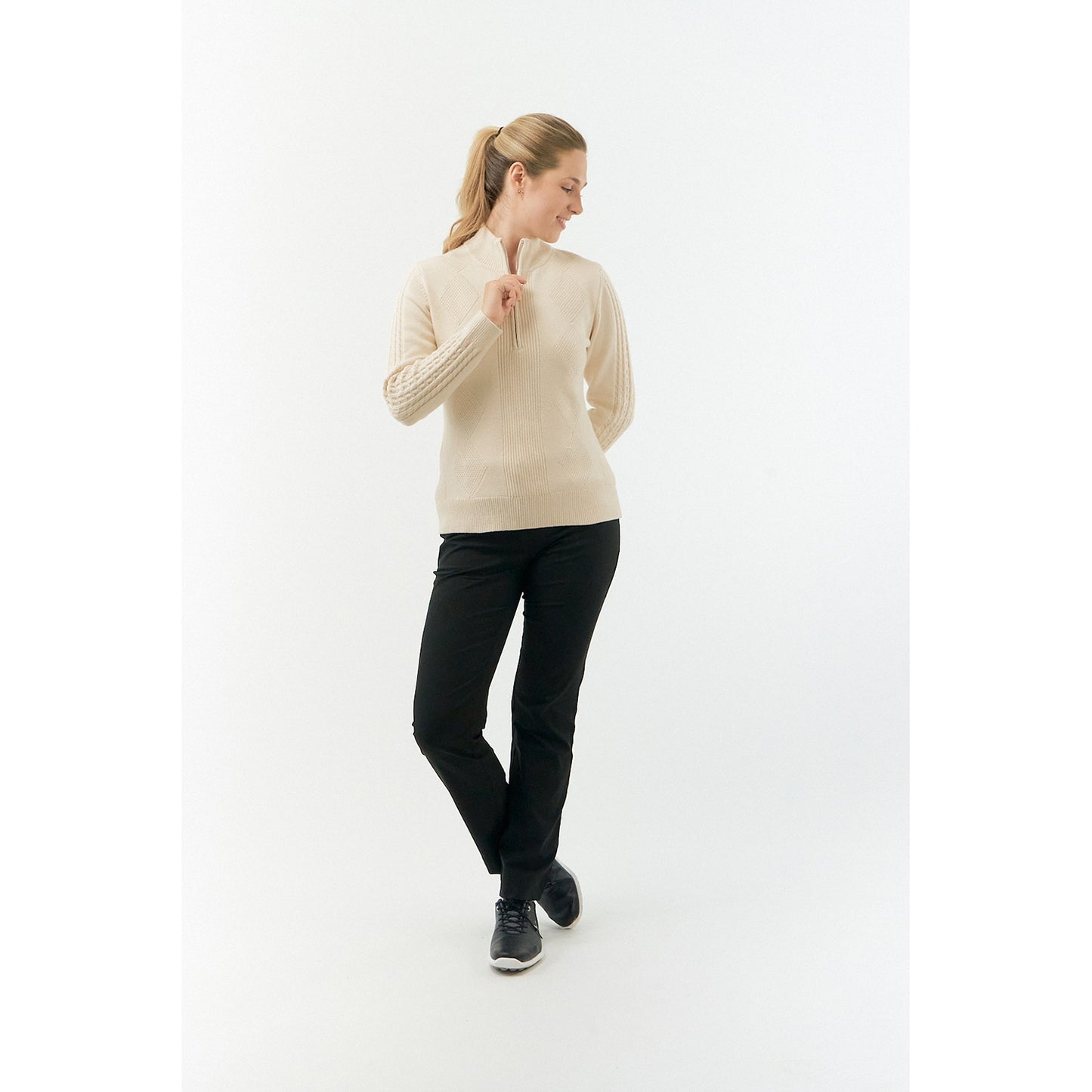 Pure Ladies Lined Zip-Neck Golf Sweater with Cable Knit Design