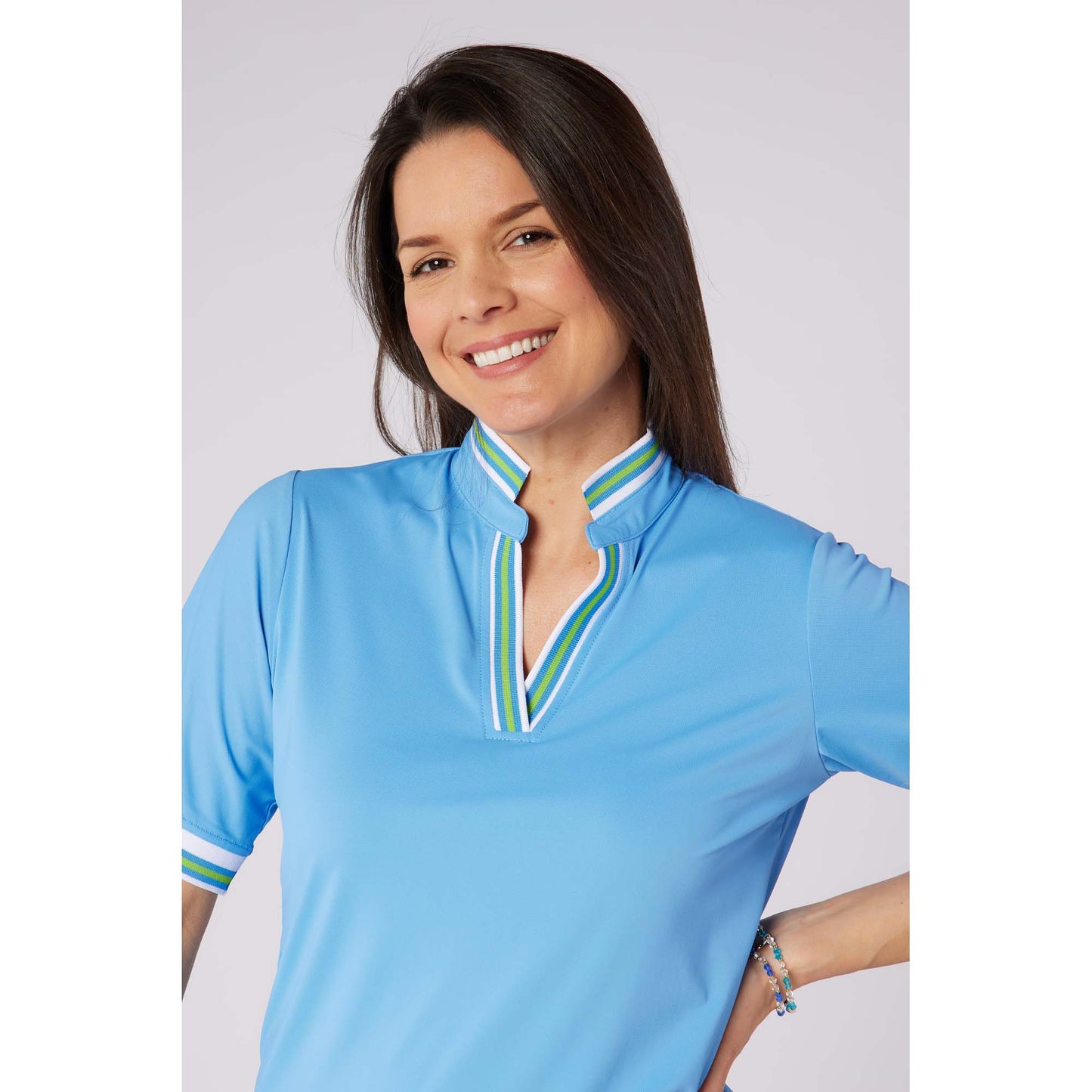 Swing Out Sister Ladies Short Sleeve Pique Polo with Unique Collar & Elegant Contrast Stripe