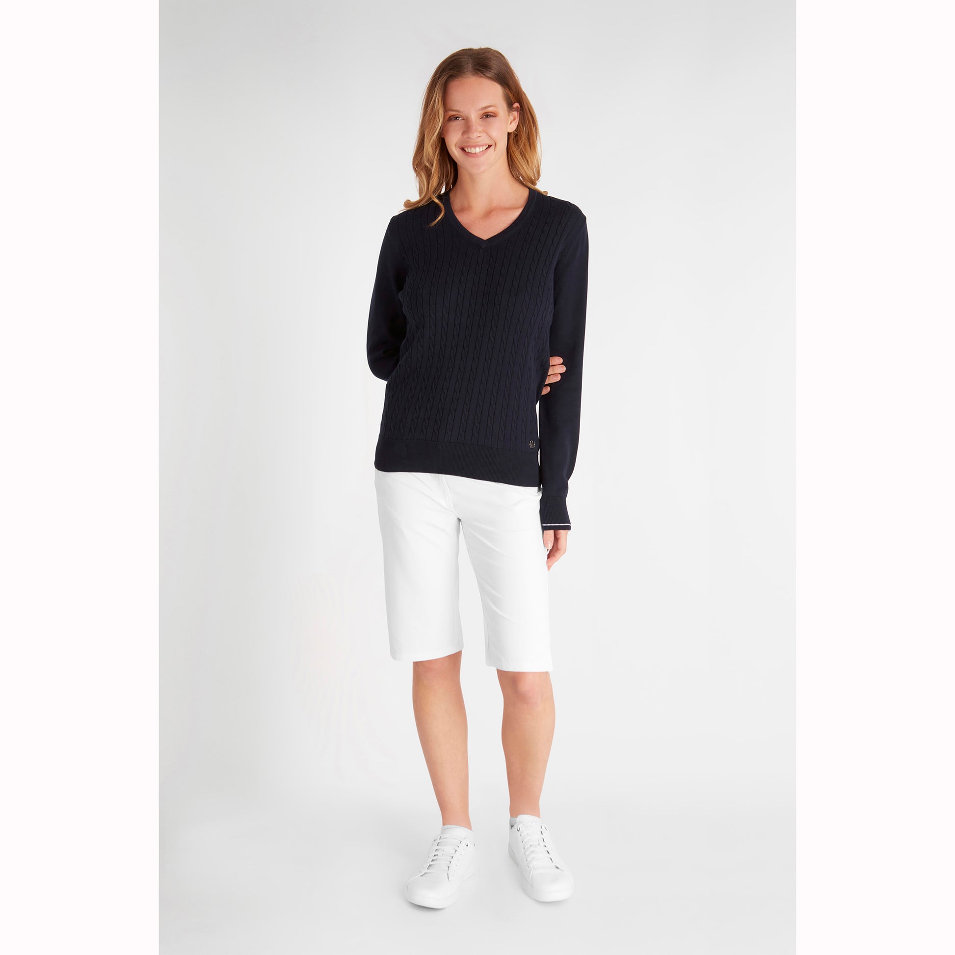 Green Lamb Ladies Navy Cable Knit V-Neck Sweater