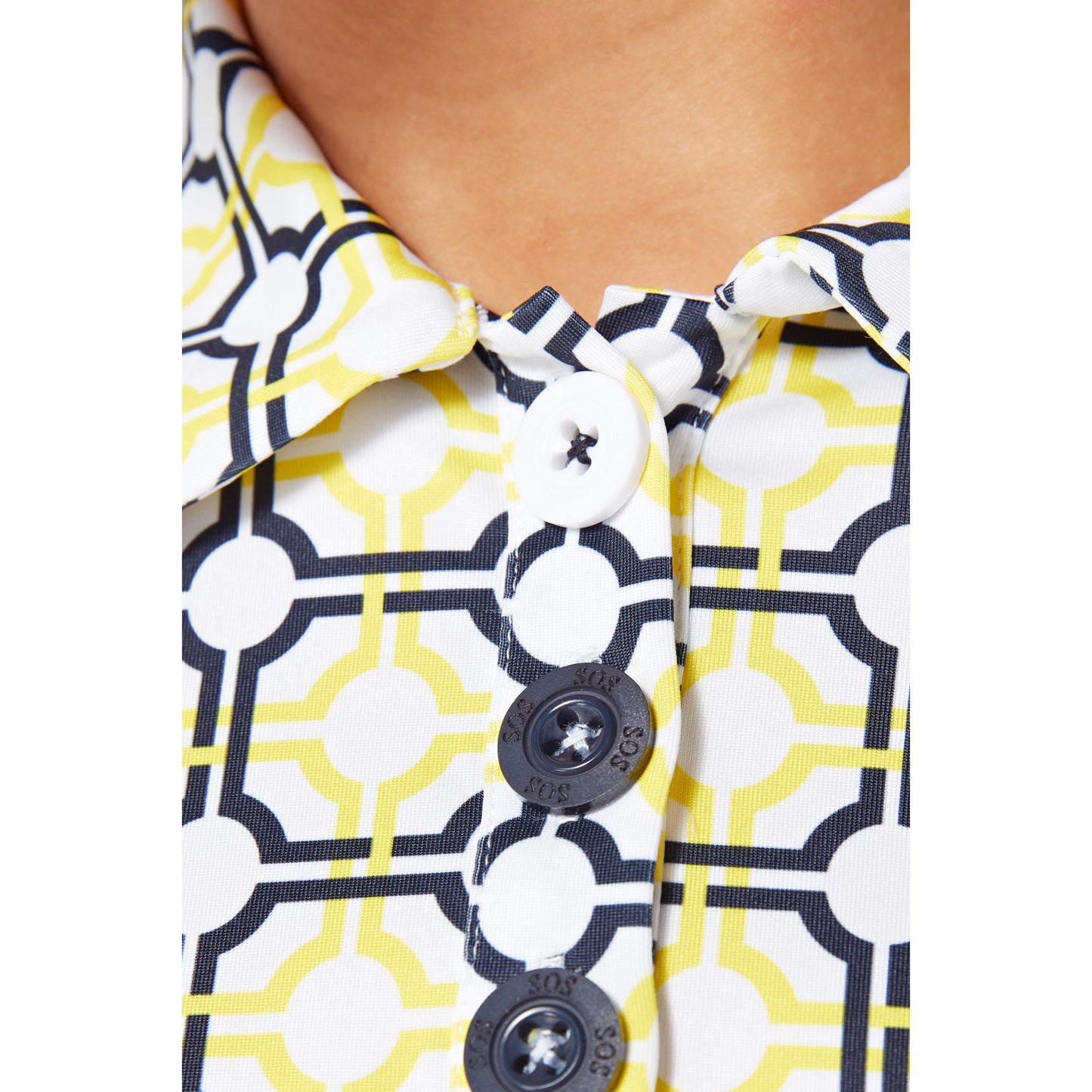 Swing Out Sister Ladies Cap Sleeve Polo in Sunshine and Navy Mosaic Pattern	