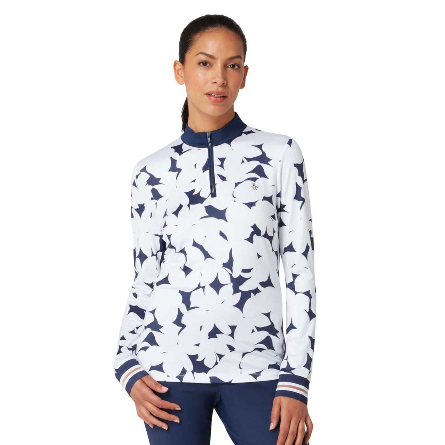 Original Penguin Women's Zip-Neck Top with White & Navy Floral Print