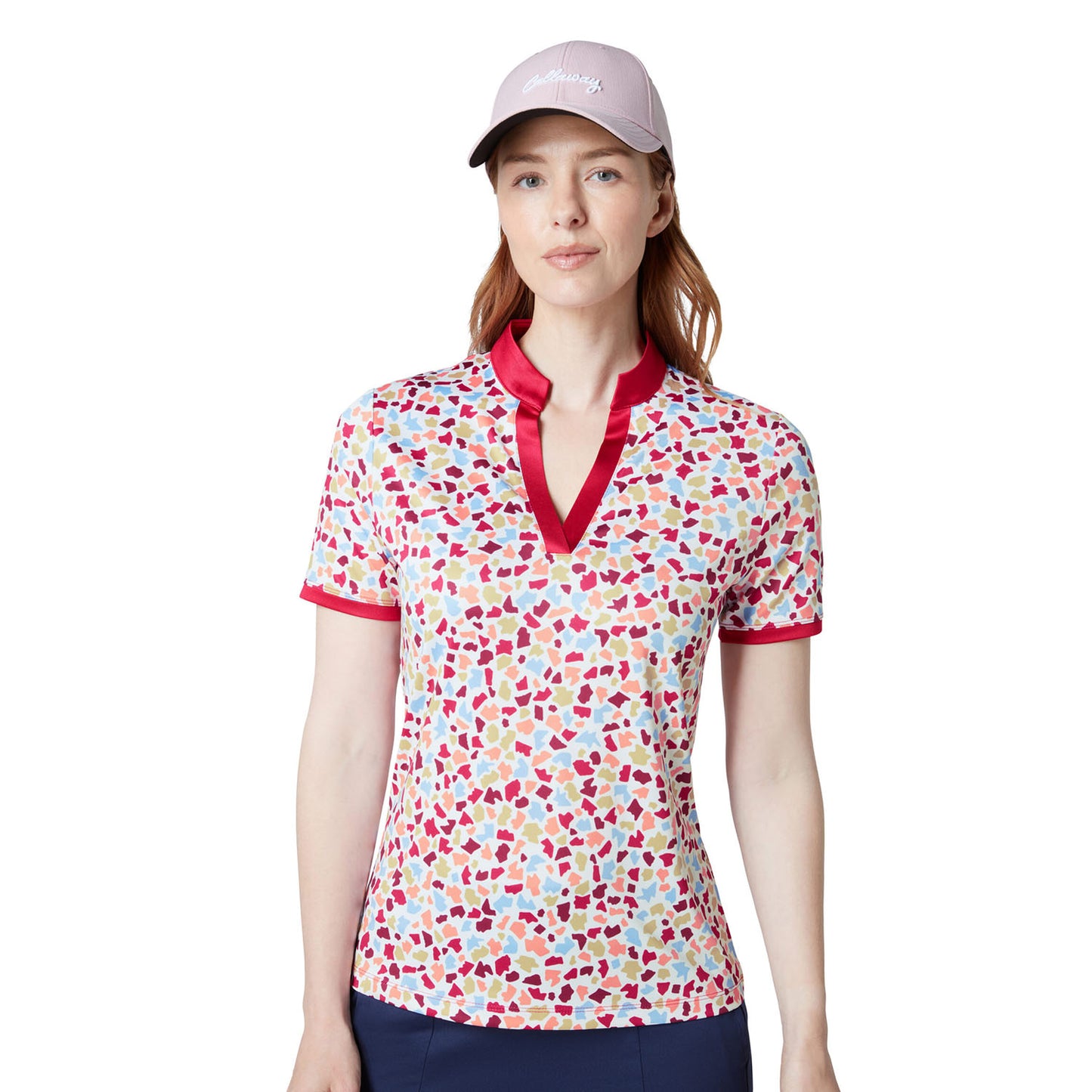 Callaway Women's V-Neck Short Sleeve Print Polo with Mesh Back Detail