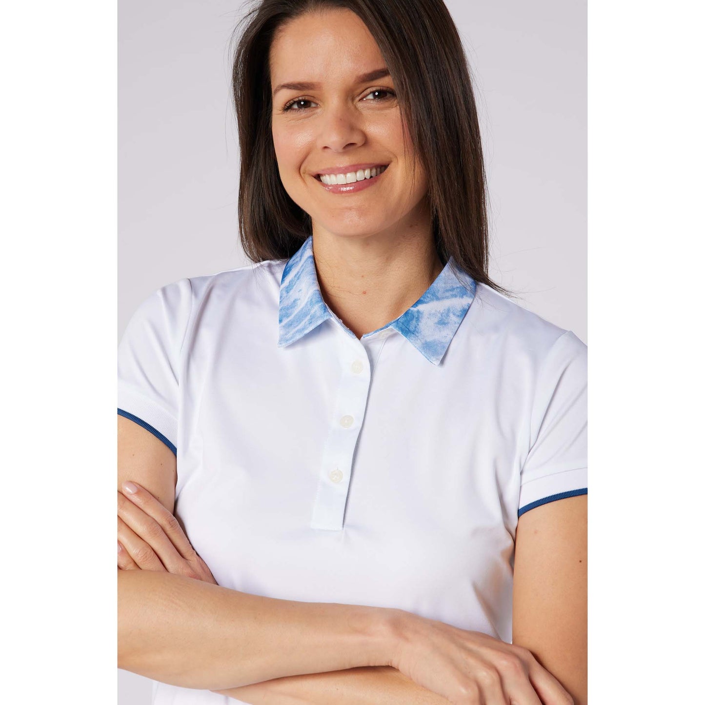Swing Out Sister Ladies Cap Sleeve Polo with Seasonal Print Collar for A Subtle Pop of Style