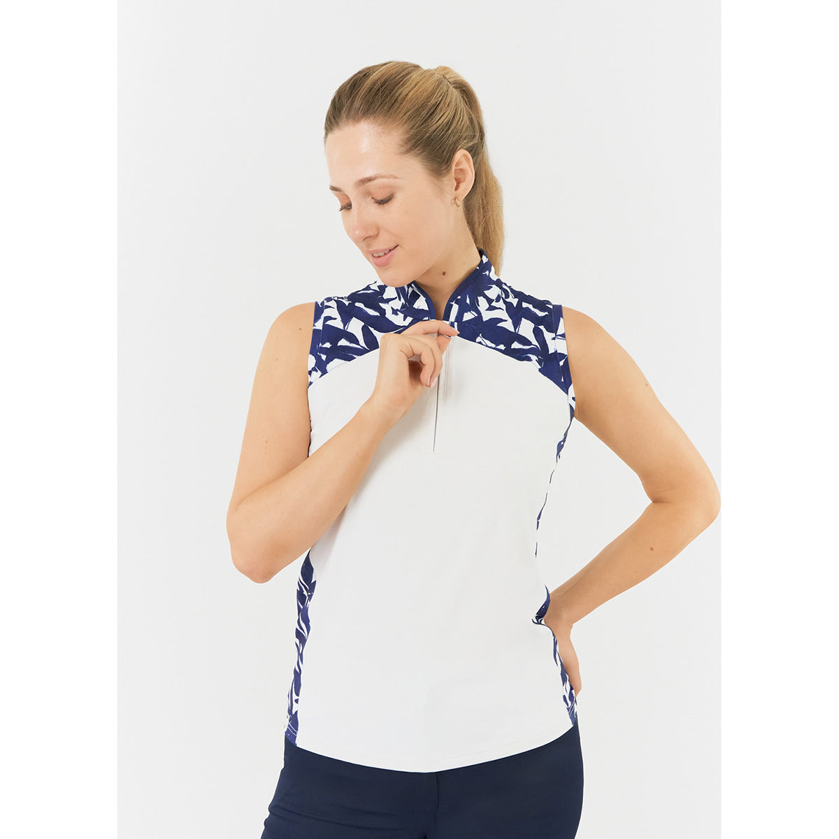  Pure Golf Ladies Sleeveless Polo with Navy Botanical Print