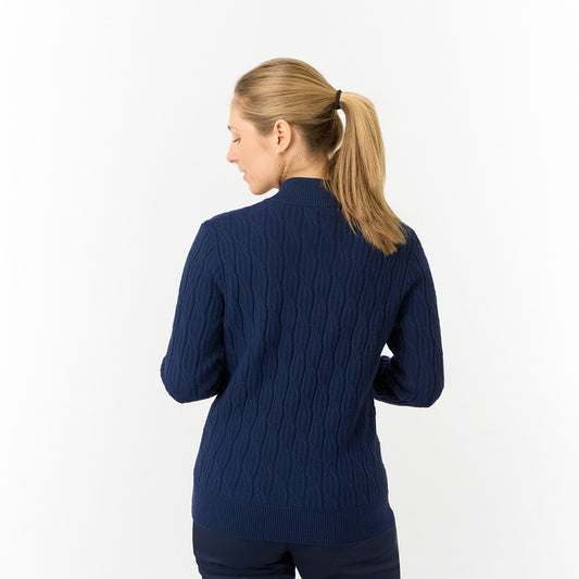Pure Golf Ladies Quarter Zip Cable Knit Lined Sweater in Navy