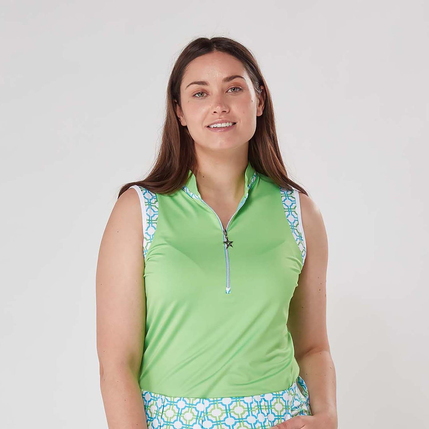 Swing Out Sister Ladies Sleeveless Print Polo in Dazzling Blue and Emerald with Zip-Neck