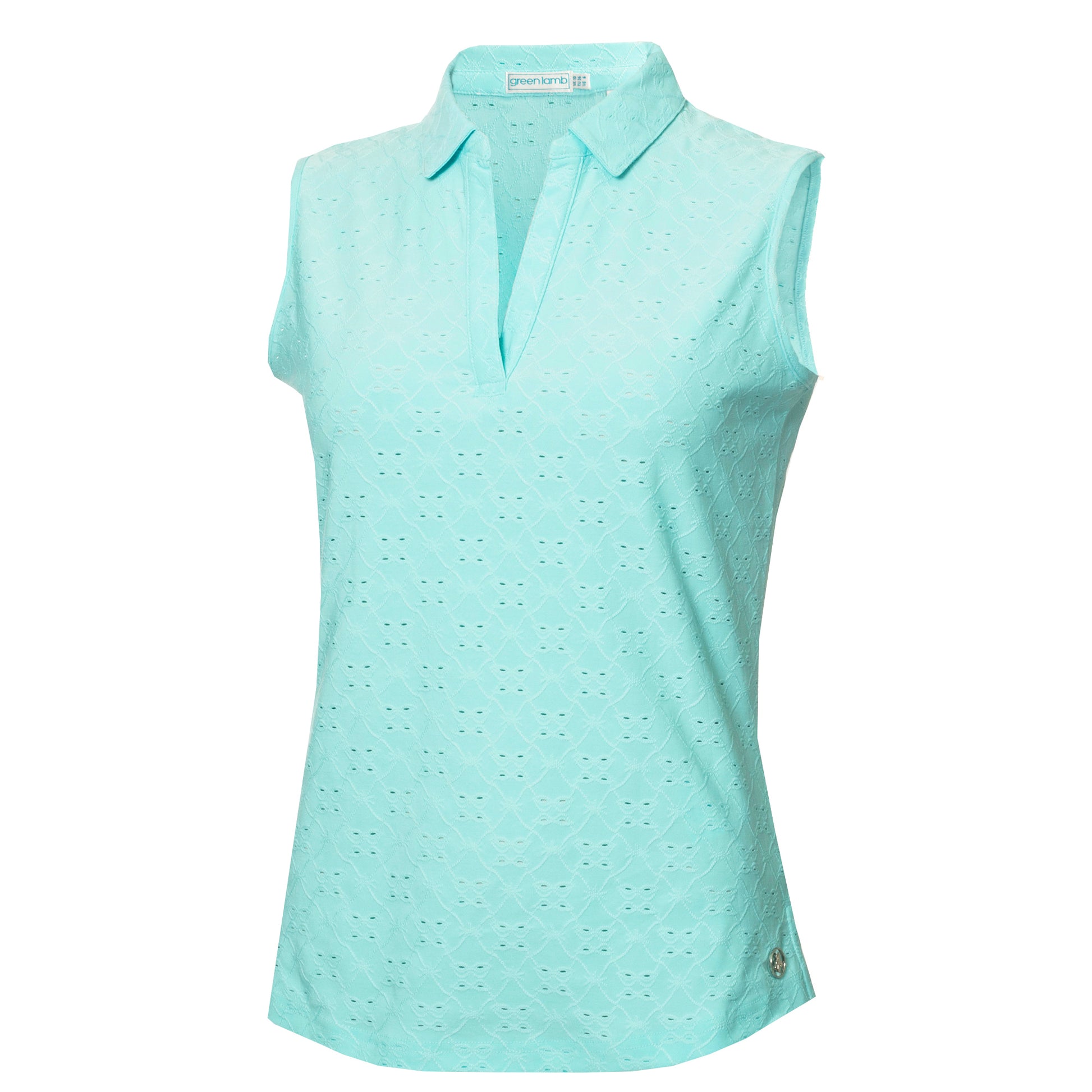 Green Lamb Ladies Sleeveless Polo with Broderie Anglaise Pattern in Aqua