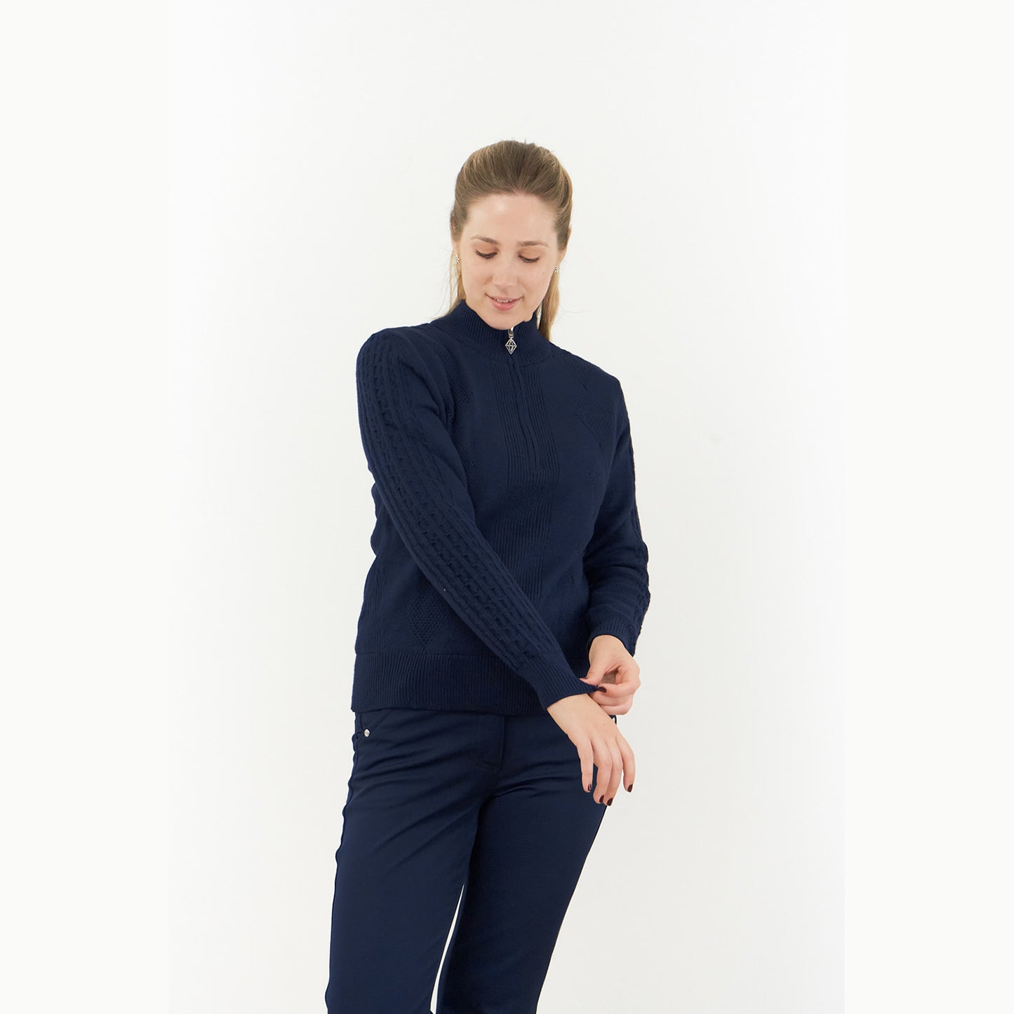 Pure Ladies Lined Zip-Neck Golf Sweater with Cable Knit Design in Navy