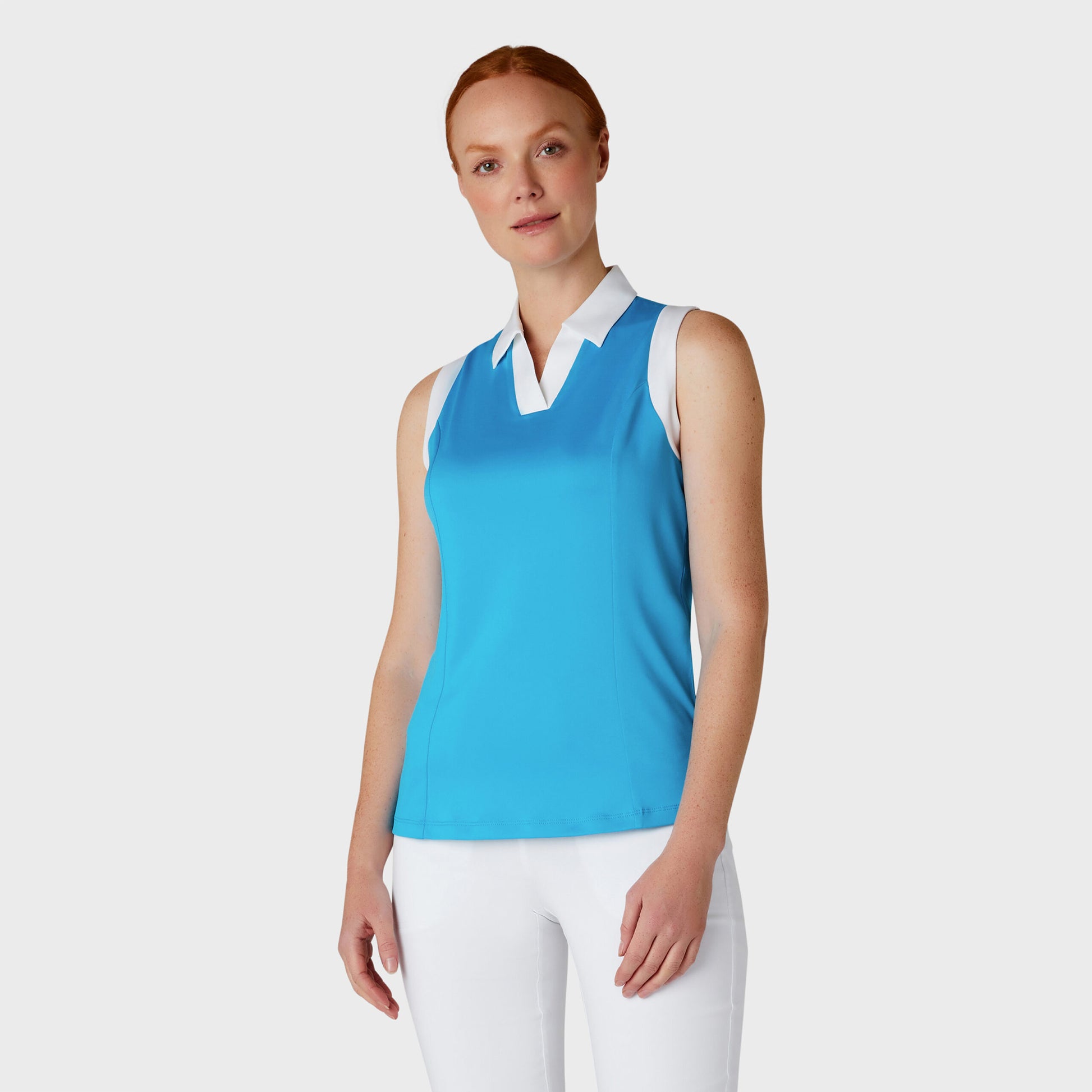 Callaway Golf Ladies Sleeveless Colour Block Polo Shirt in Vivid Blue