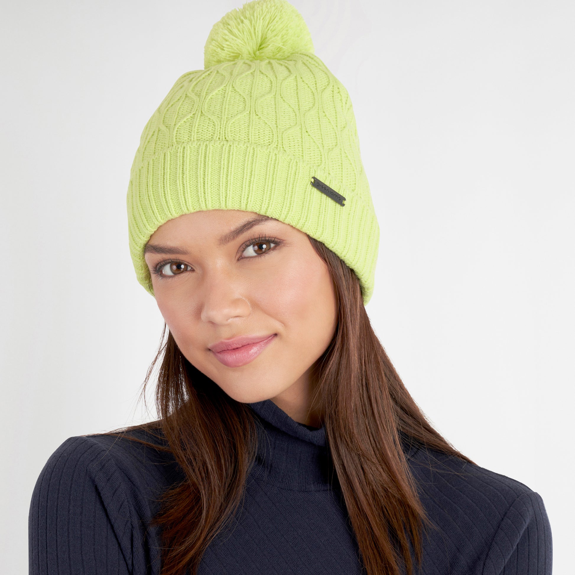 Green Lamb Ladies Fleece Lined Cable Knit Bobble Hat