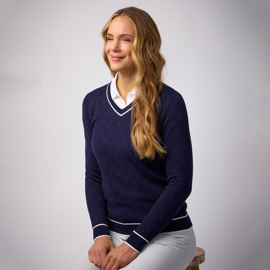 Glenmuir Ladies Navy Jacquard Knit Sweater - Soft, Breathable Comfort