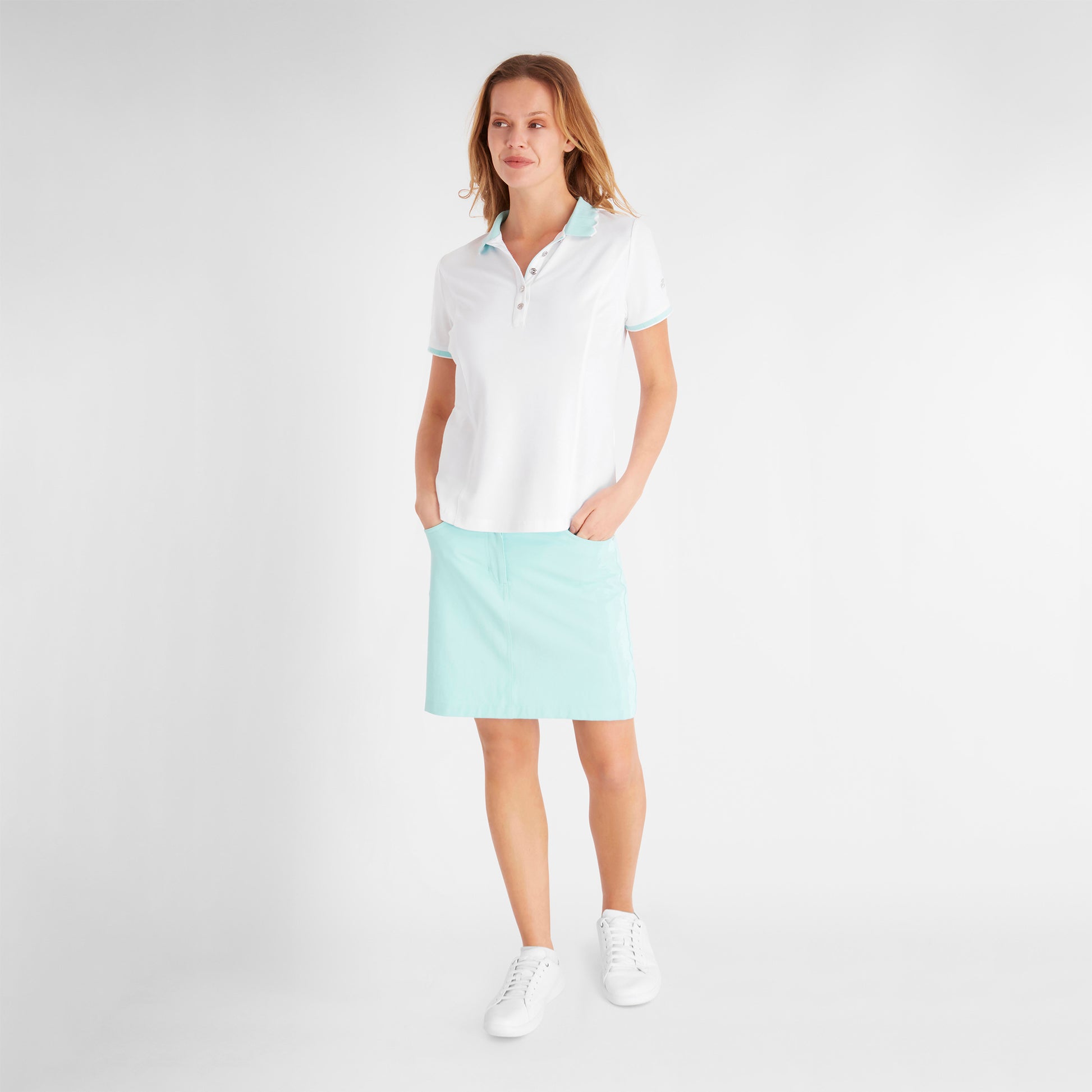 Green Lamb Ladies Short Sleeve Polo with Scalloped Collar in White & Aqua
