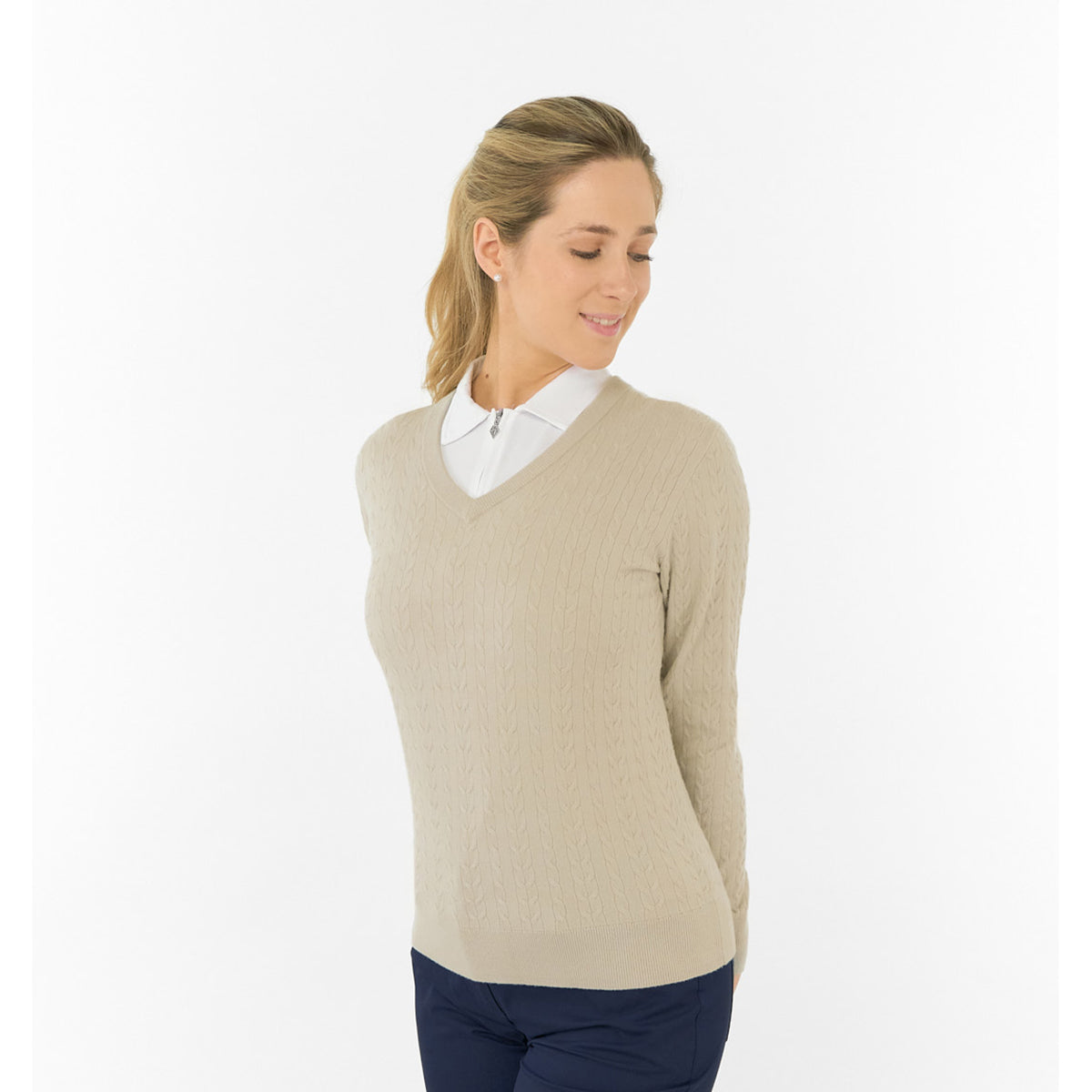 Pure Ladies Cable Knit V-Neck Golf Sweater – Classic Elegance for Confident Play