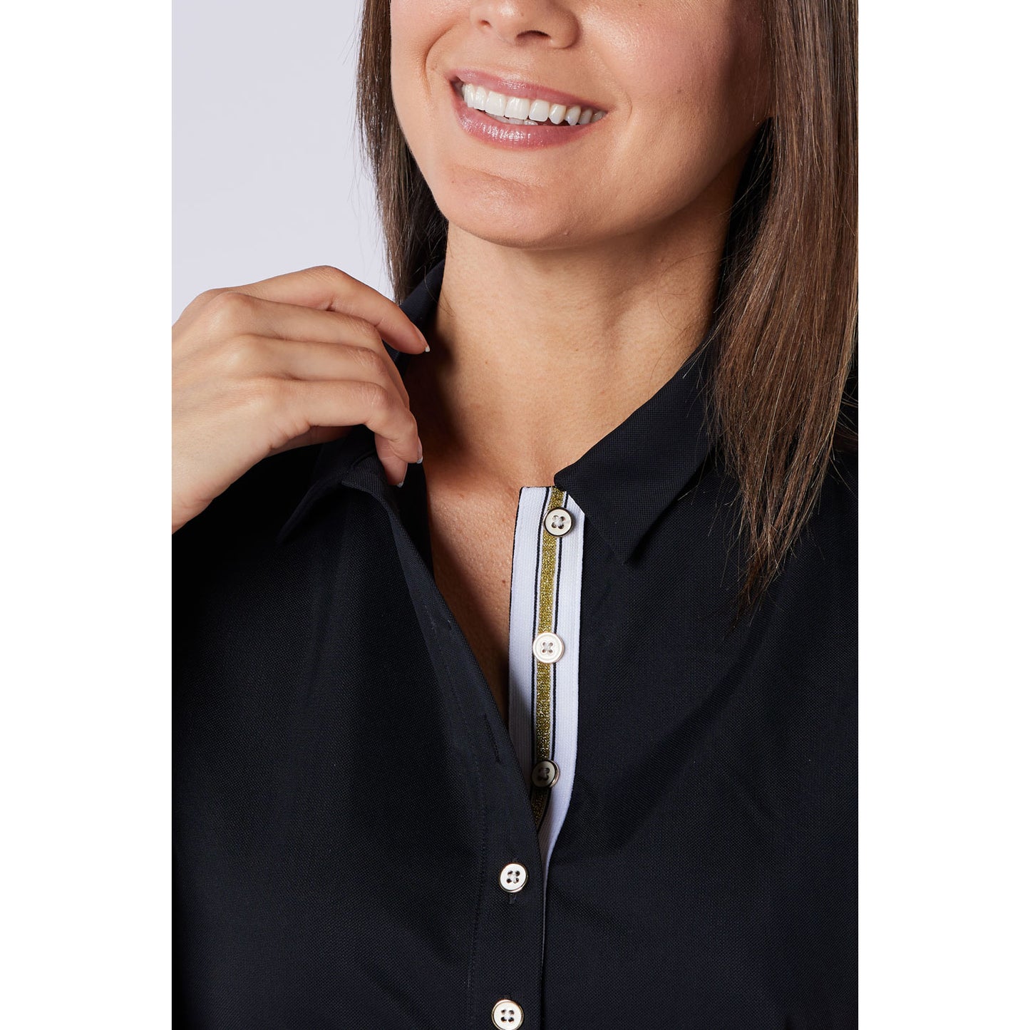 Swing Out Sister Ladies Fluted Cap Sleeve Polo in Black