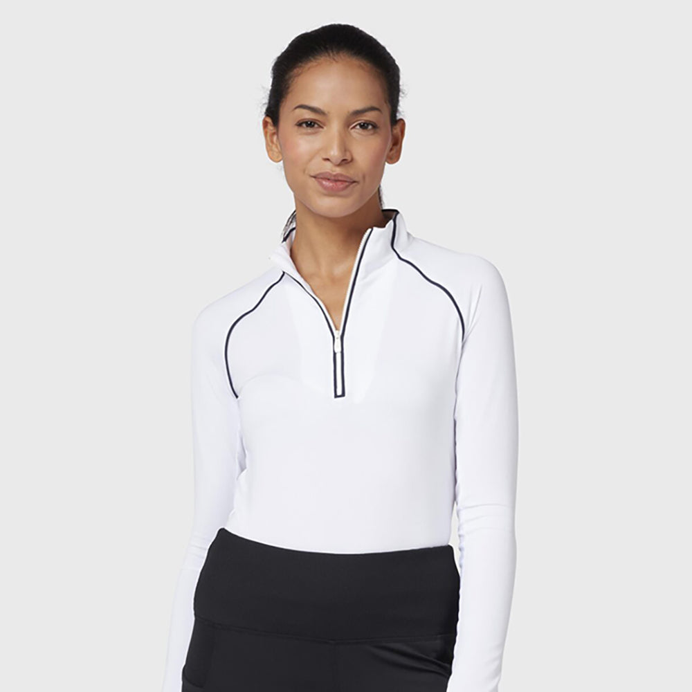 Original Penguin Ladies Long Sleeve Mesh Panel Zip Top in Bright White