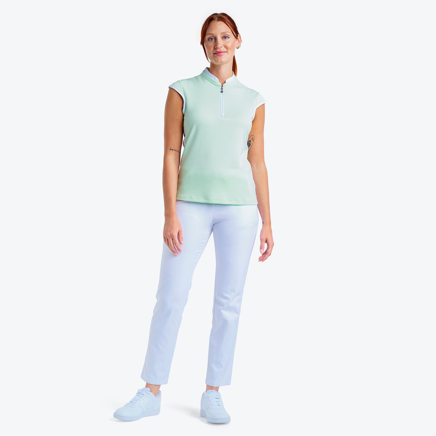 Nivo Ladies Sleeveless Polo in Fresh Mint with Cross Stitch Pattern