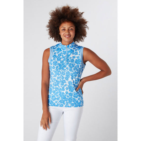 Swing Out Sister Ladies Sleeveless Full Bloom Print Polo with Zip-neck