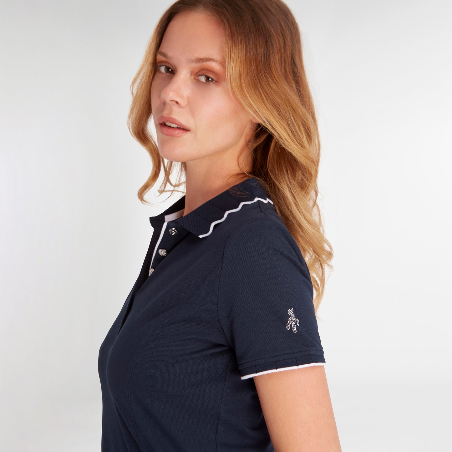 Green Lamb Ladies Short Sleeve Navy Golf Polo with Scalloped Collar